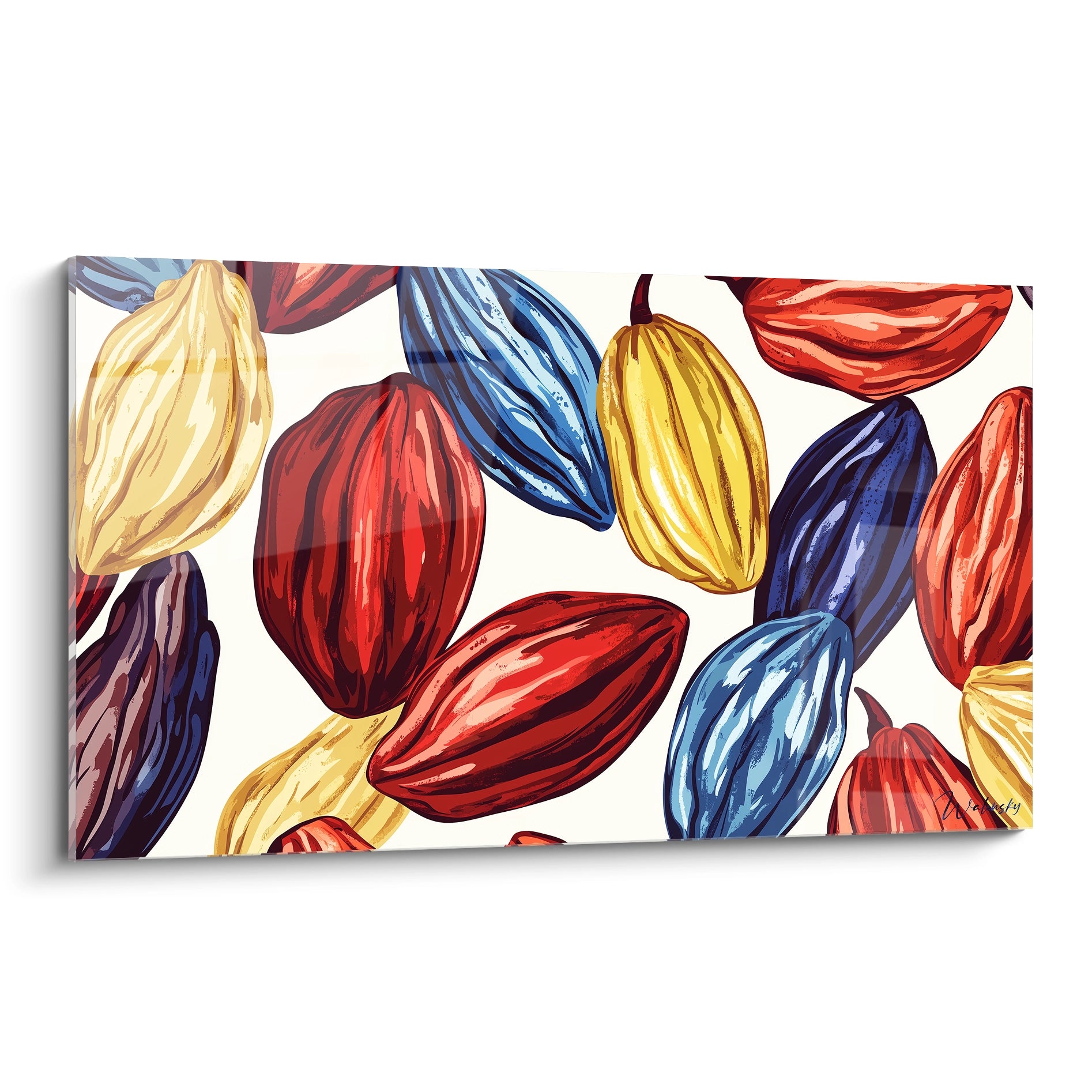 Un tableau chocolat présentant des cabosses de cacao en rouge, jaune et bleu marine, aux textures détaillées et ombrages contrastés sur un fond clair.

