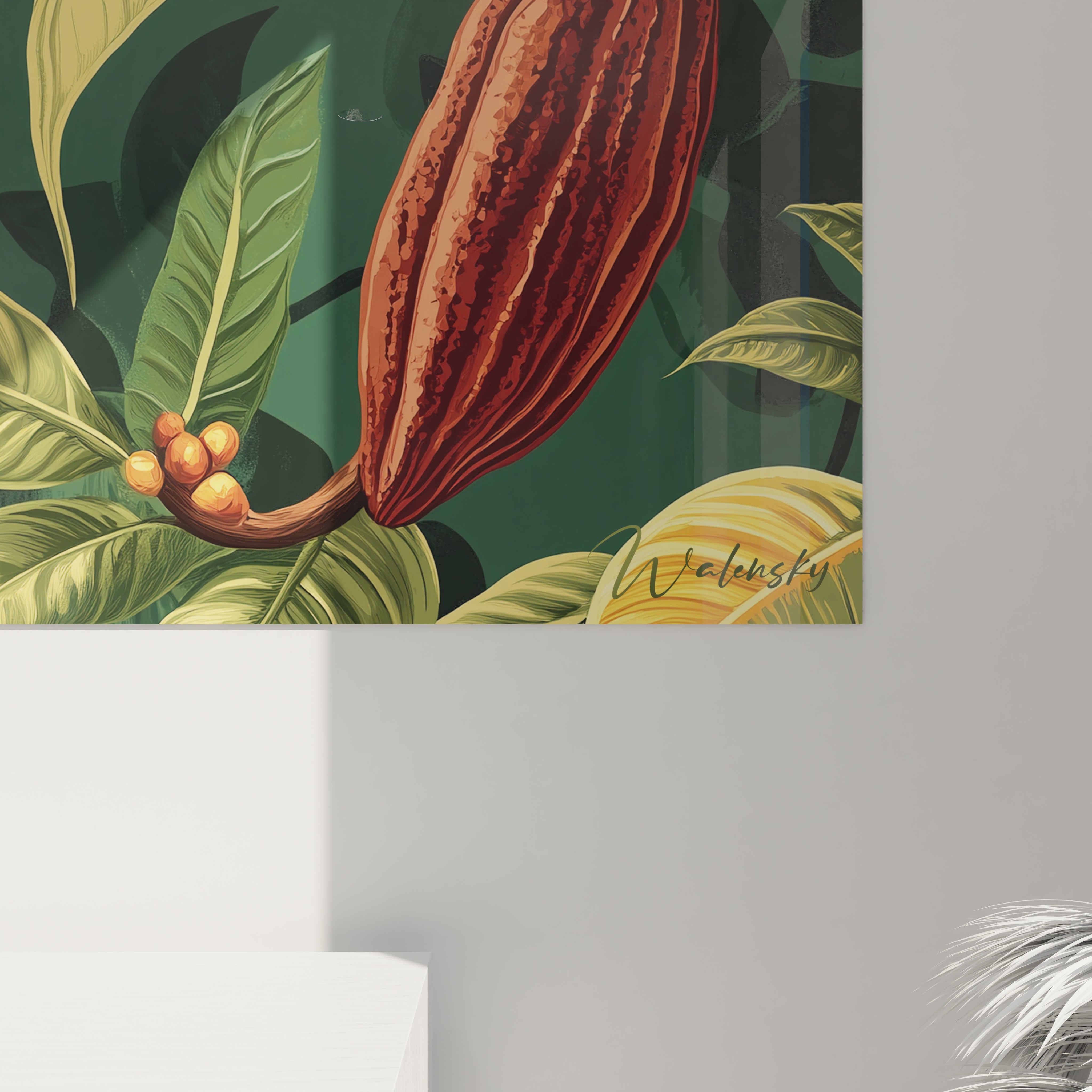 Un tableau chocolat illustrant une plantation de cacao avec des cabosses aux surfaces striées. Les couleurs dominantes sont le marron, le vert et le jaune, avec un jeu de lumière créant un effet de relief.







