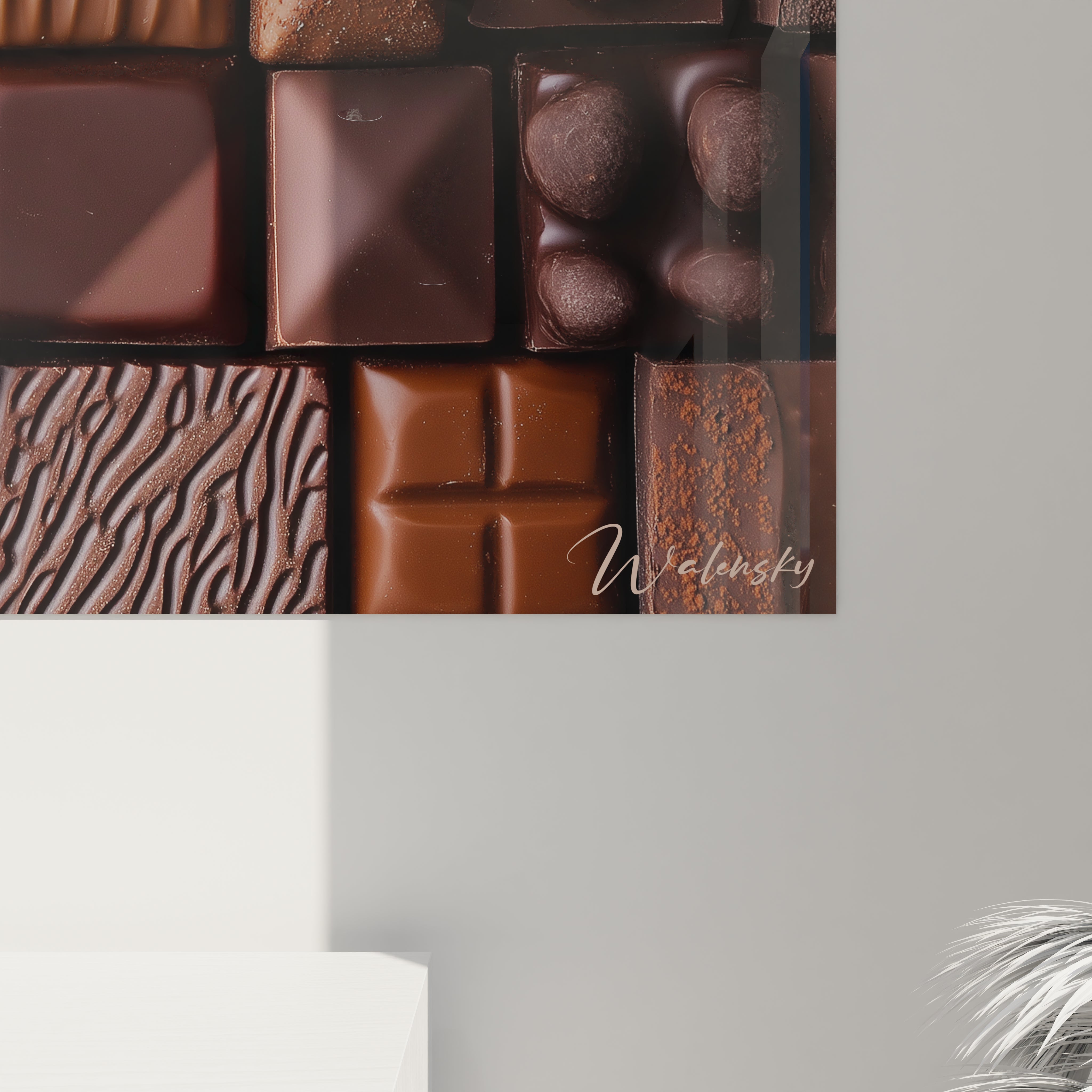 Un tableau chocolat composé de formes carrées aux teintes marron et bronze, avec des textures variées incluant des stries, des éclats et des surfaces lisses, évoquant des motifs de chocolats artisanaux.







