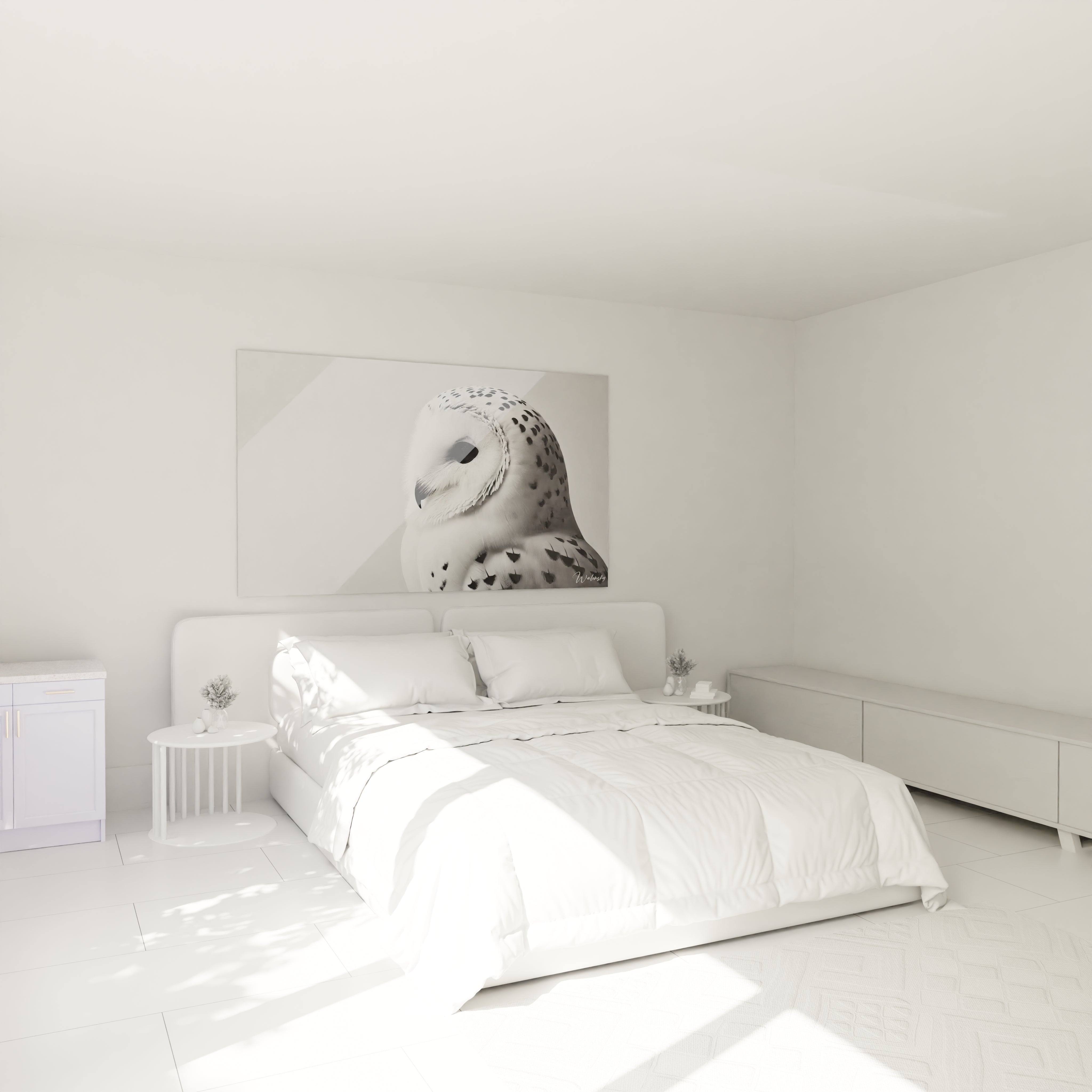 tableau chouette installe au dessus du lit pour une chambre a l atmosphere sereine et minimaliste. Le regard expressif de la chouette apporte calme et inspiration a votre espace nuit

