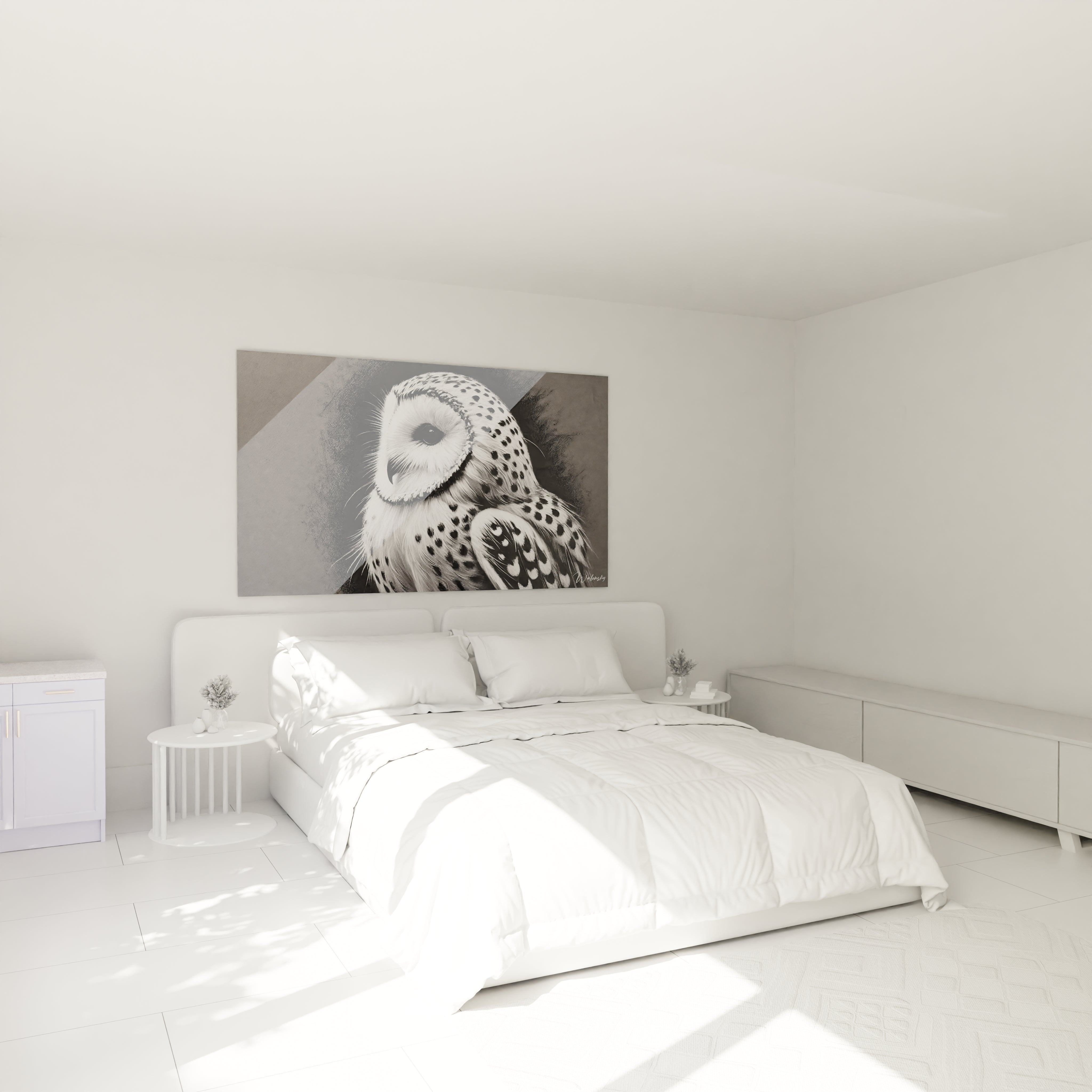 tableau chouette accroche au mur dans une chambre creez une ambiance sereine et elegante avec ce tableau noir et blanc au dessus de votre lit

