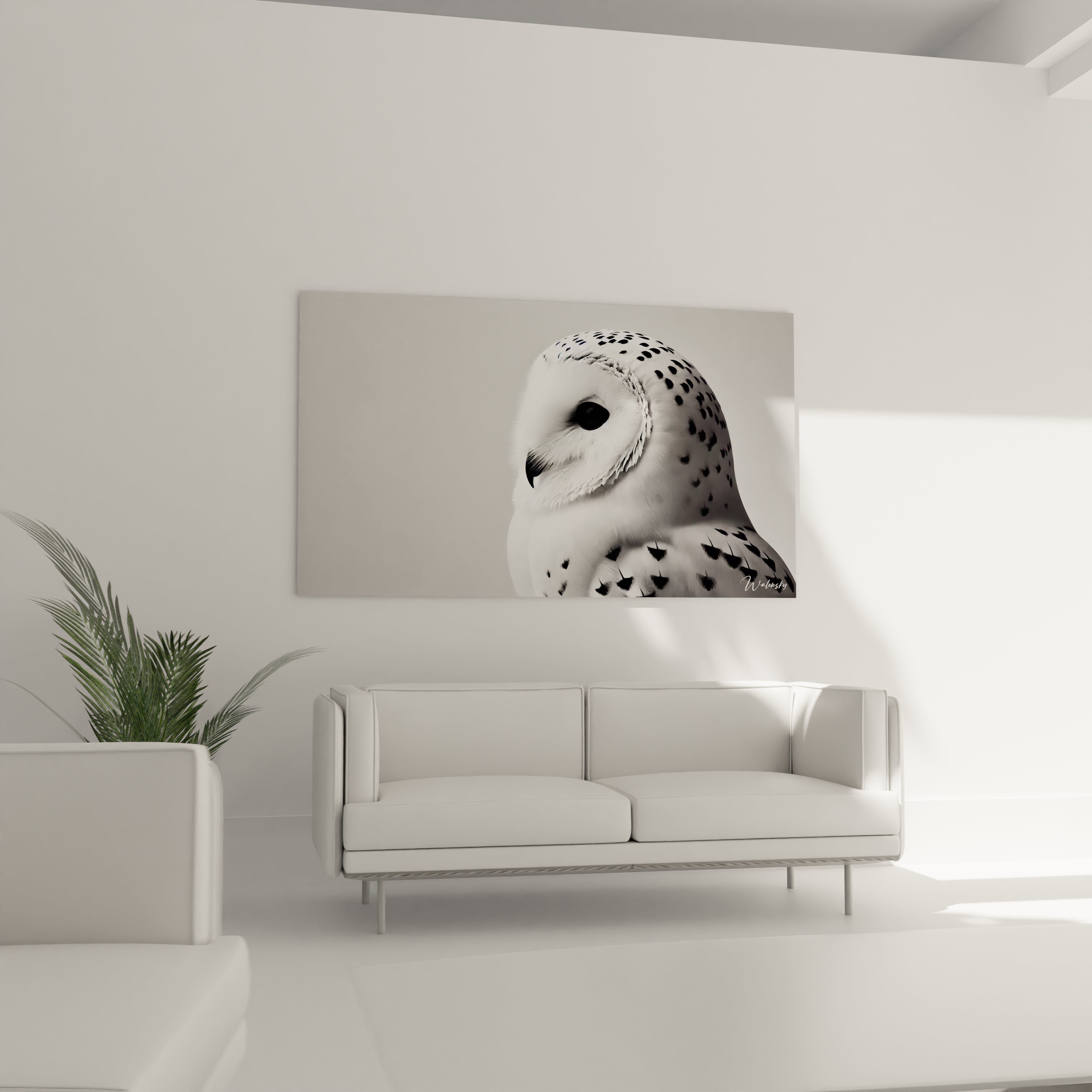 tableau chouette accroche dans un salon contemporain au dessus du canape. Son style epure et la profondeur de son regard ajoutent une touche d elegance et de nature a votre deco interieure

