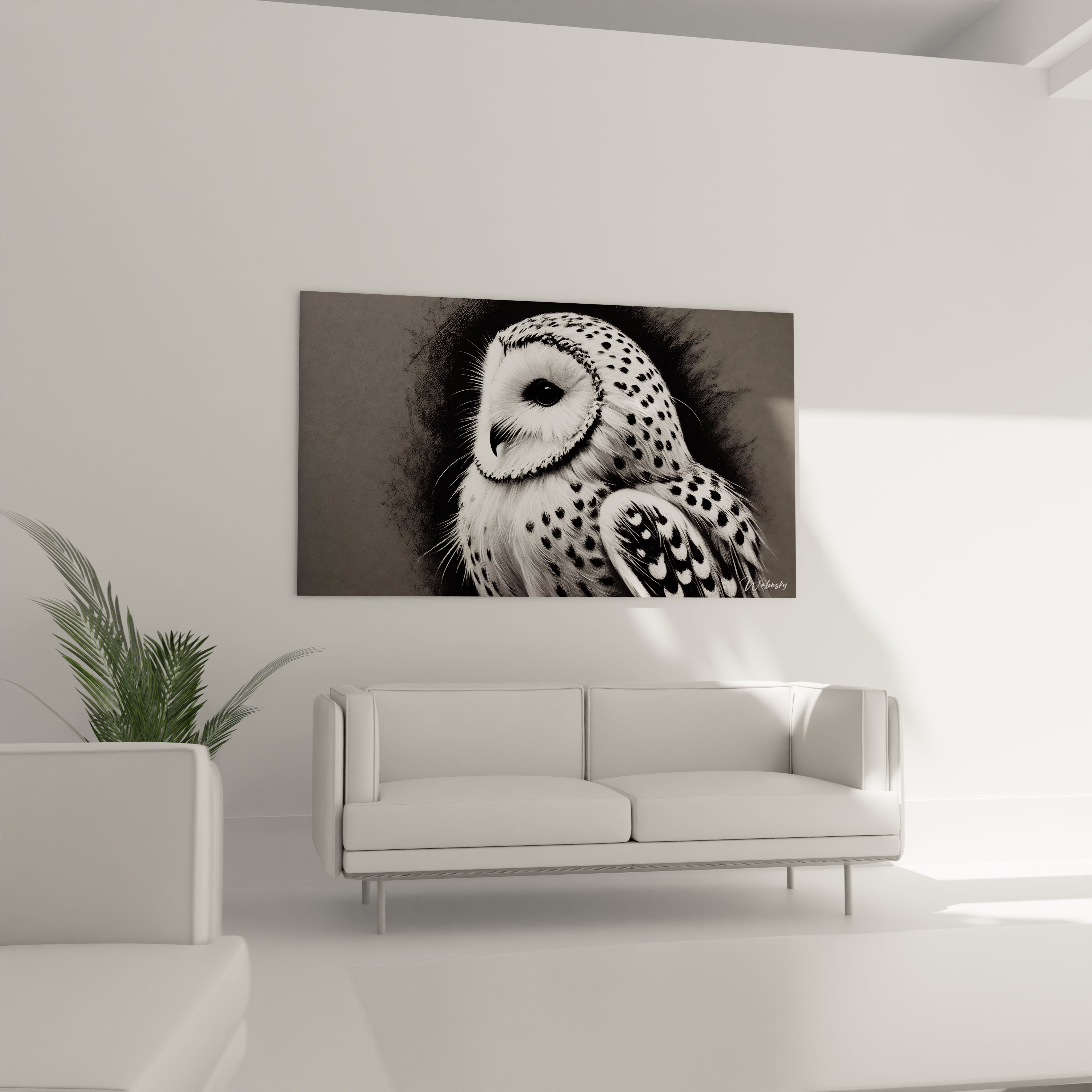 tableau chouette noir et blanc au dessus dun canape ajoutez une touche de mystere et de sophistication a votre salon avec ce tableau minimaliste

