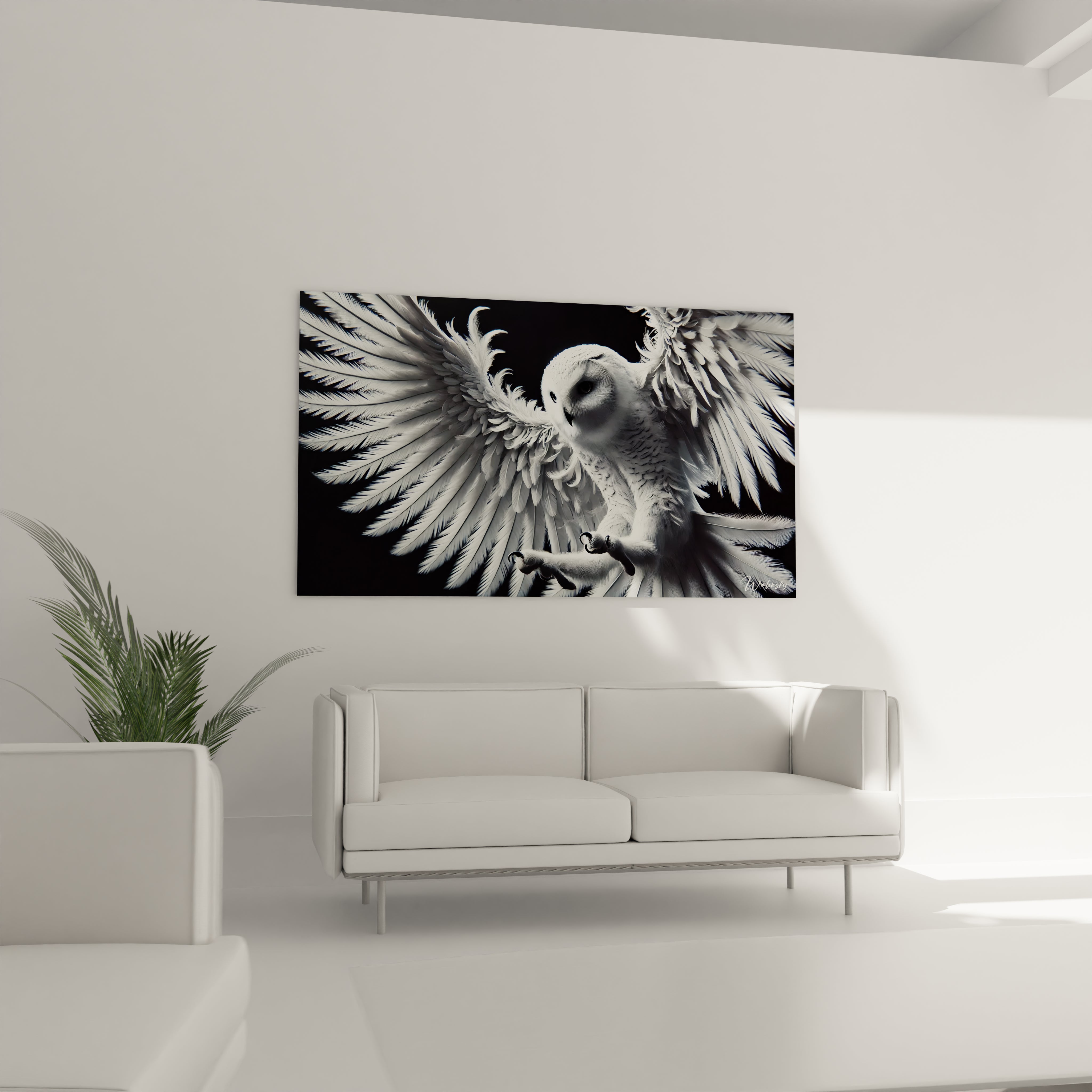 tableau chouette dans un salon moderne au dessus du canape, apportant une touche de dynamisme. Le contraste entre le fond sombre et le plumage blanc capte l attention et enrichit la decoration.
