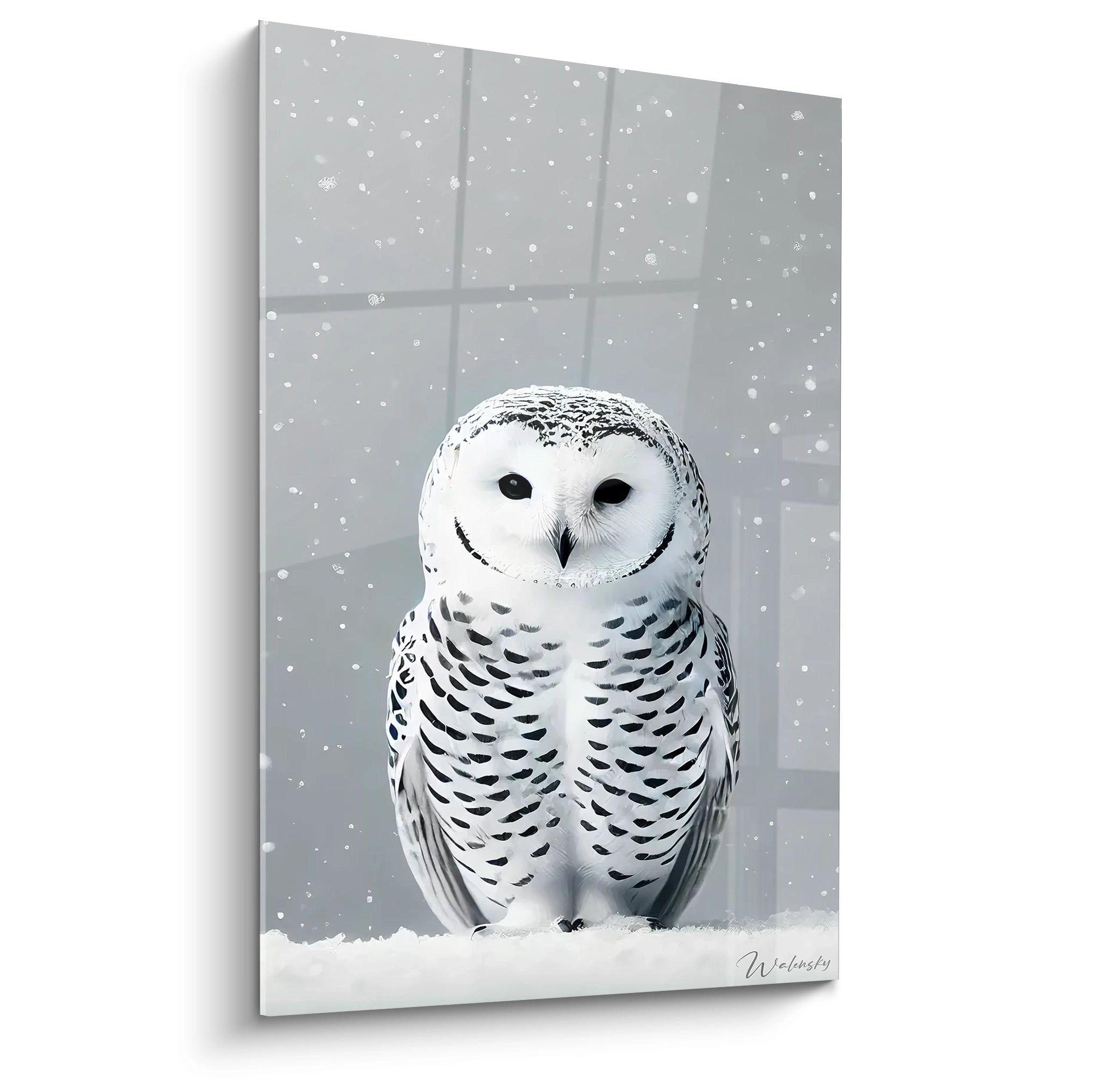 Tableau chouette minimaliste avec une chouette majestueuse en pleine neige. Plumage blanc sur fond gris neutre pour une déco moderne et apaisante.
