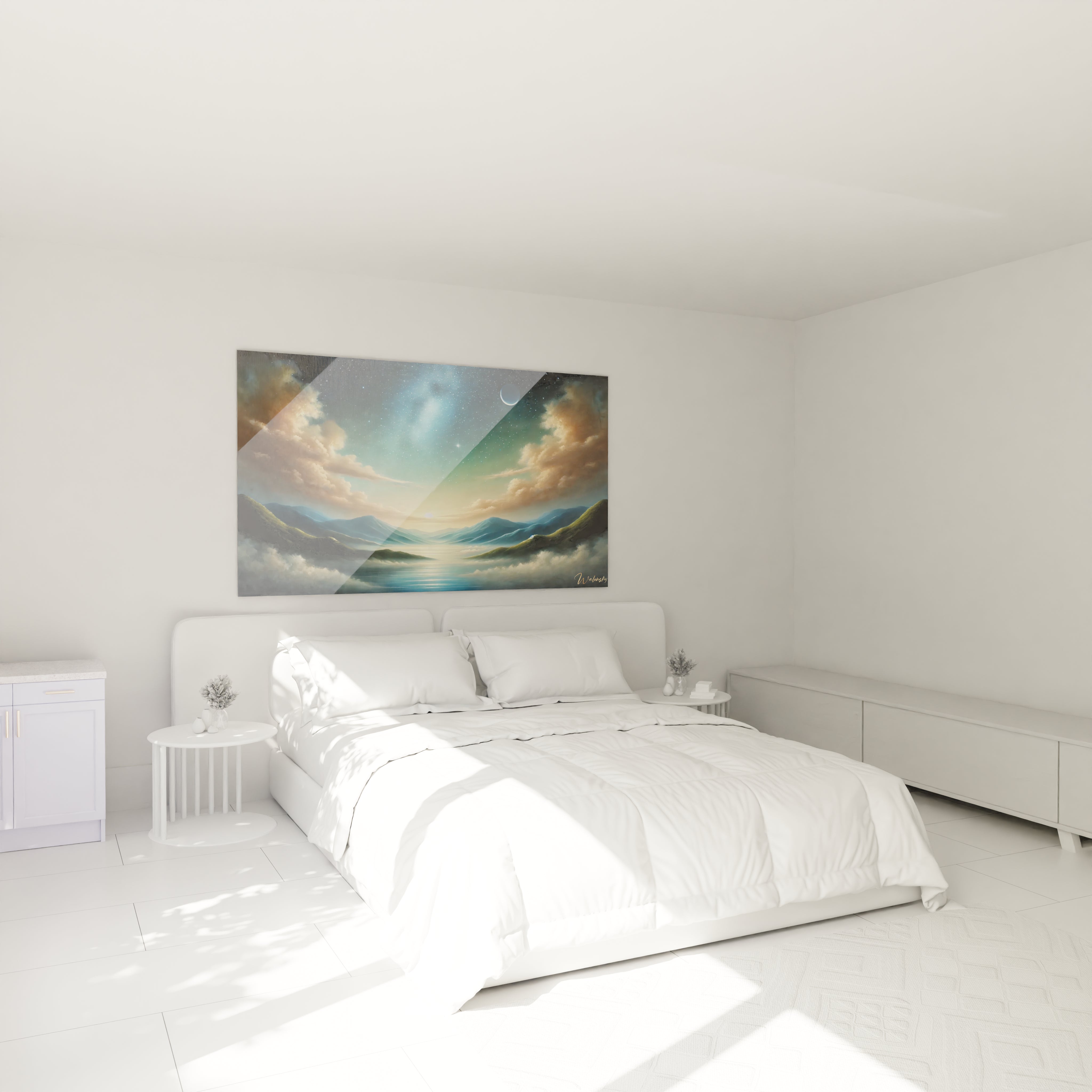 Tableau Ciel Étoilé dans une chambre au-dessus du lit, créant une atmosphère apaisante et magique, parfait pour inviter au repos sous un ciel enchanteur chaque nuit.

