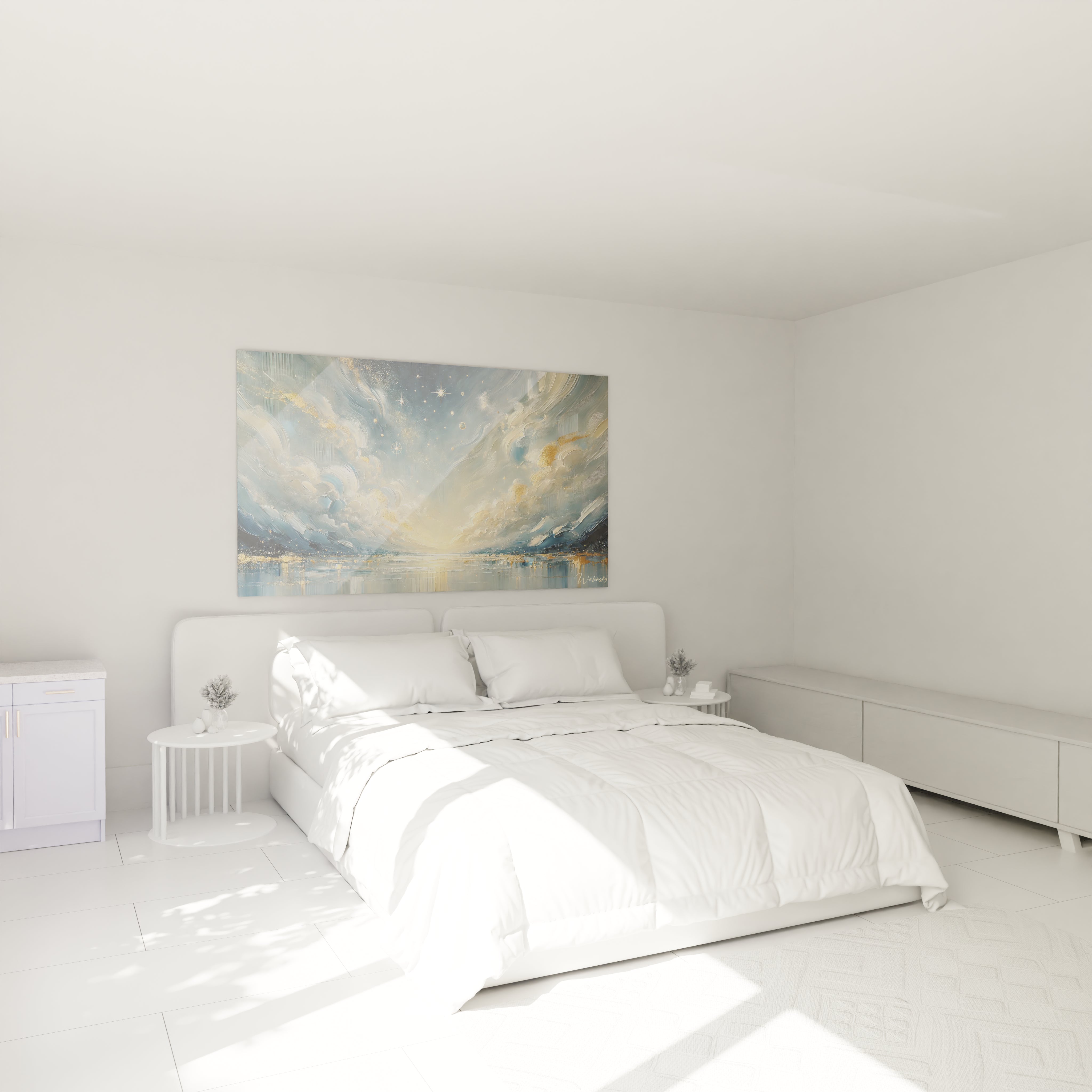 Dans cette chambre ce tableau Ciel Étoilé au-dessus du lit crée une ambiance apaisante Ses nuances de bleu profond et d’or invitent à la rêverie pour un espace propice au repos

