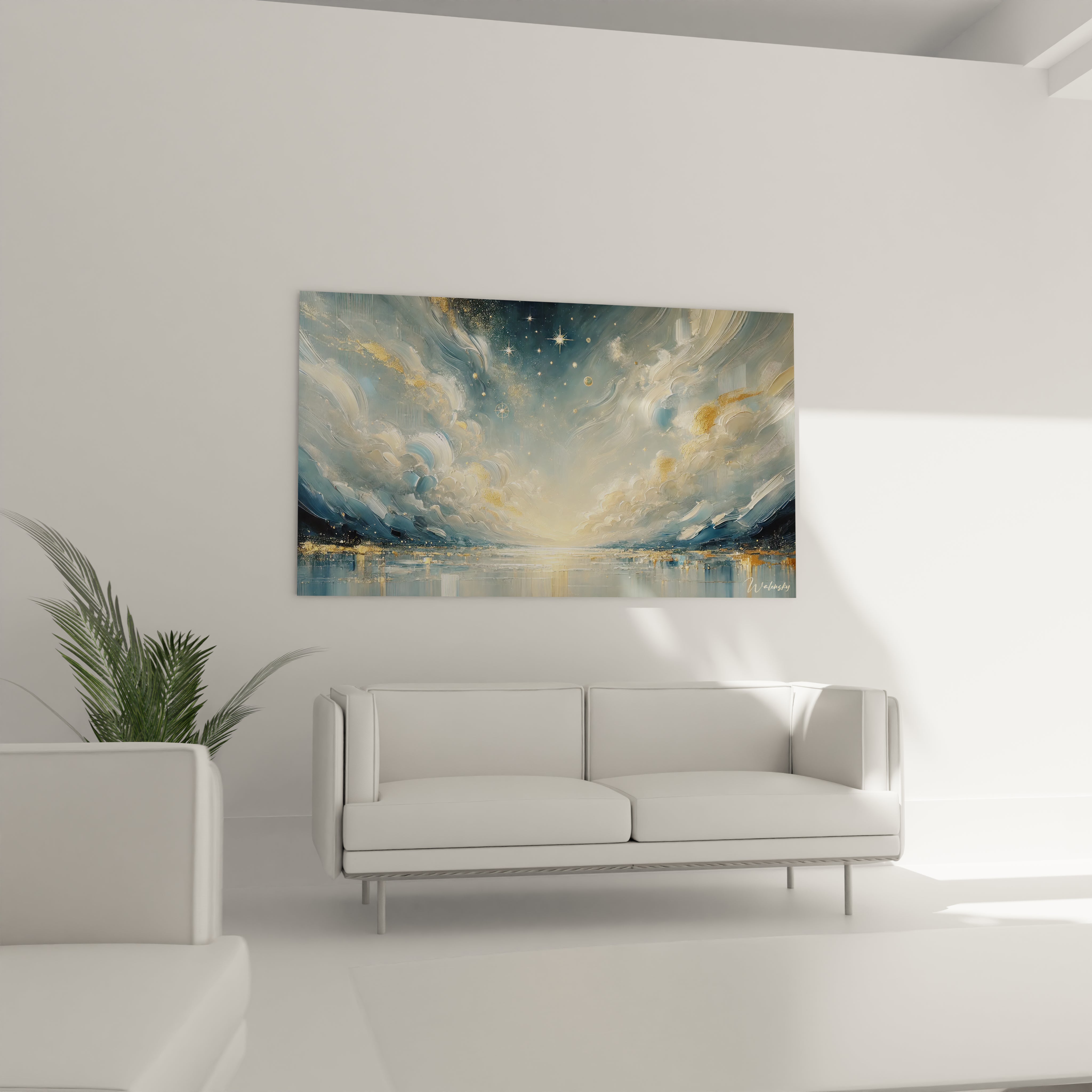 Accroché au mur dans le salon ce tableau Ciel Étoilé illumine le décor avec ses tons bleus et dorés Il crée une atmosphère chaleureuse et ajoute un sentiment de paix cosmique

