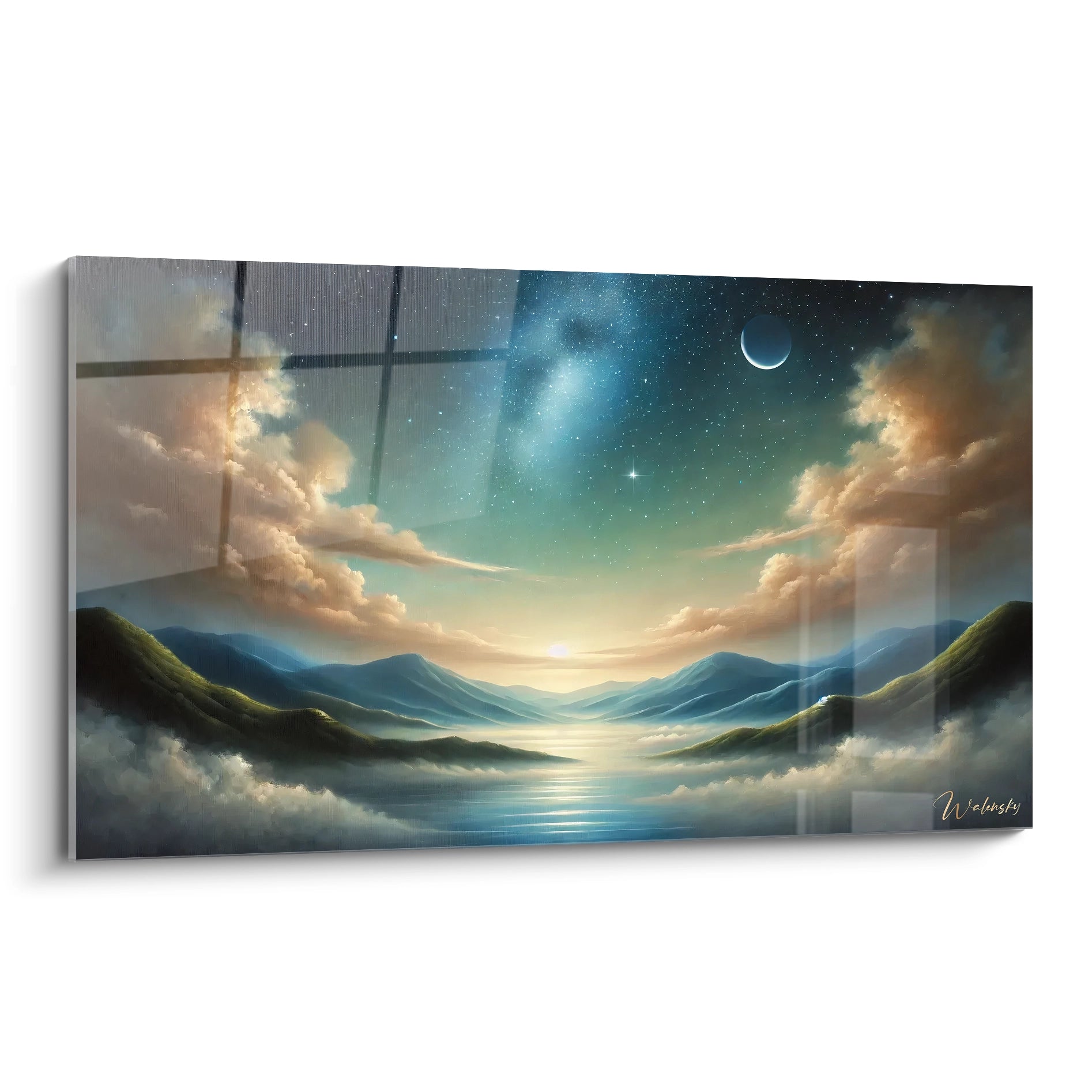 Vue de biais du tableau Ciel Étoilé avec ses nuances de bleu et or capturant la beauté sereine d'un ciel nocturne. Une piece artistique evocant l'evasion et la contemplation.

