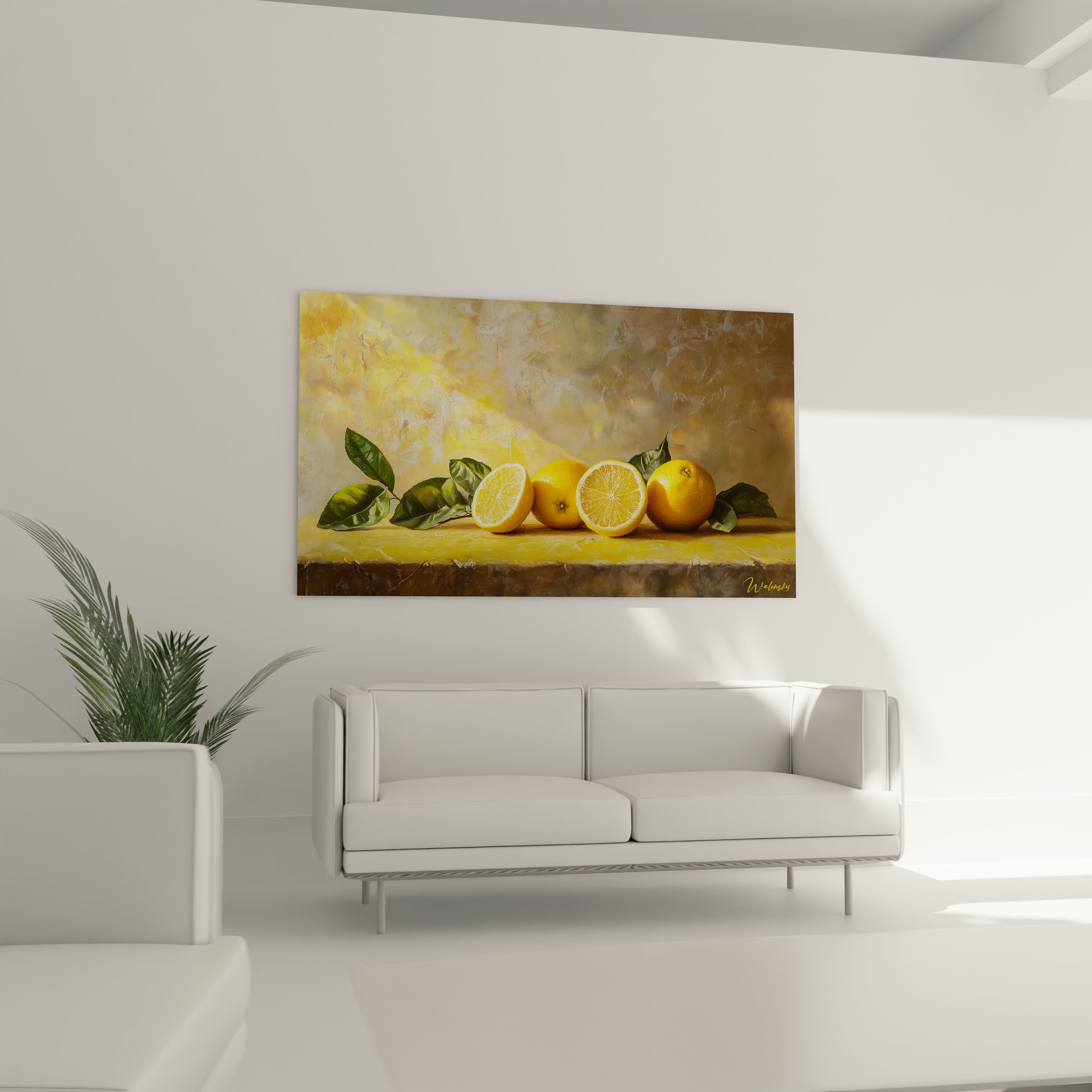 Un tableau citron mettant en scène des citrons jaunes avec des reflets lumineux, accompagnés de feuilles vertes. Le fond texturé mélange des tons beige et or, avec des ombres douces et des détails précis.

