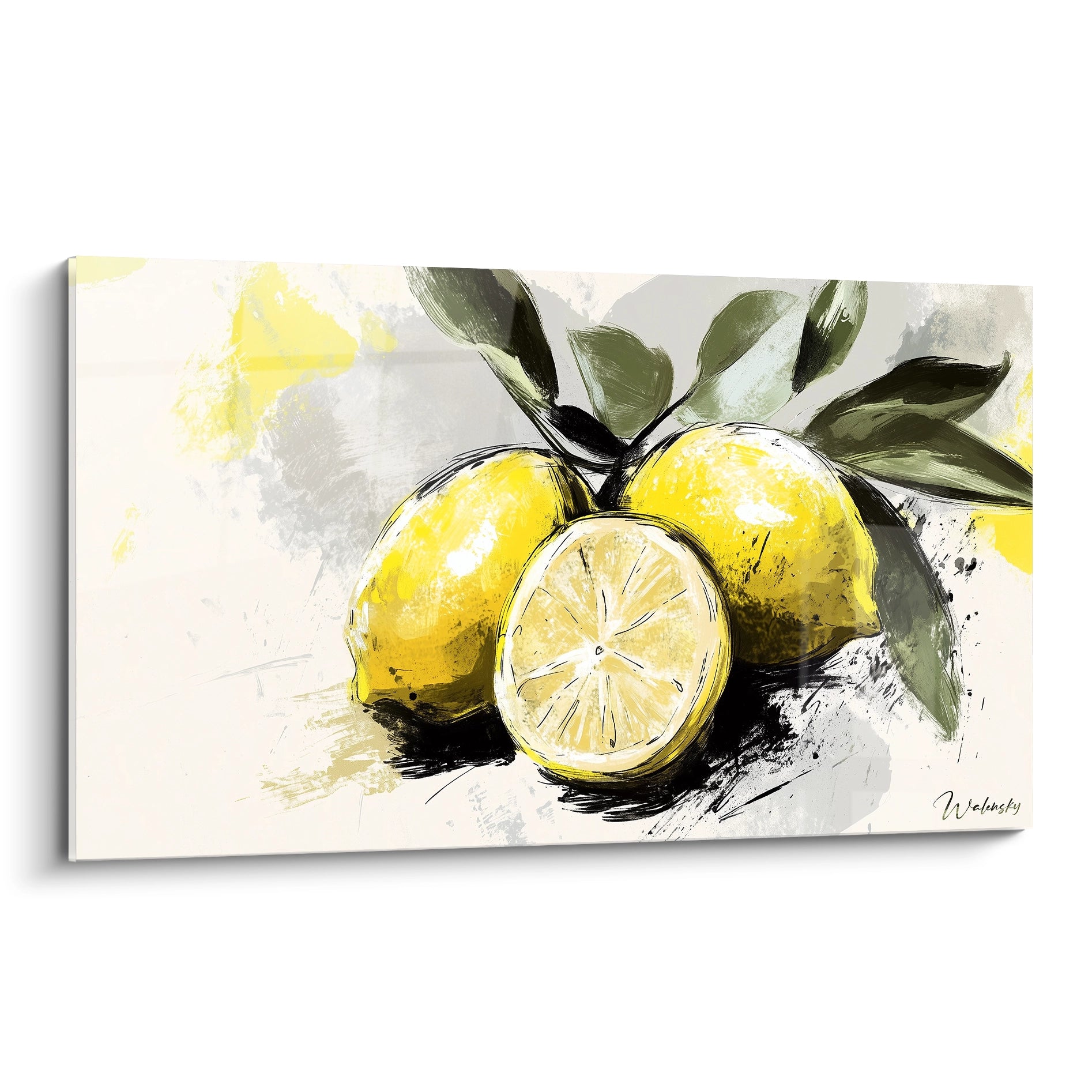 Un tableau citron représentant trois citrons jaunes, dont un coupé en deux, entourés de feuilles vertes sur un fond beige et gris texturé, avec des traits noirs accentuant les contours.

