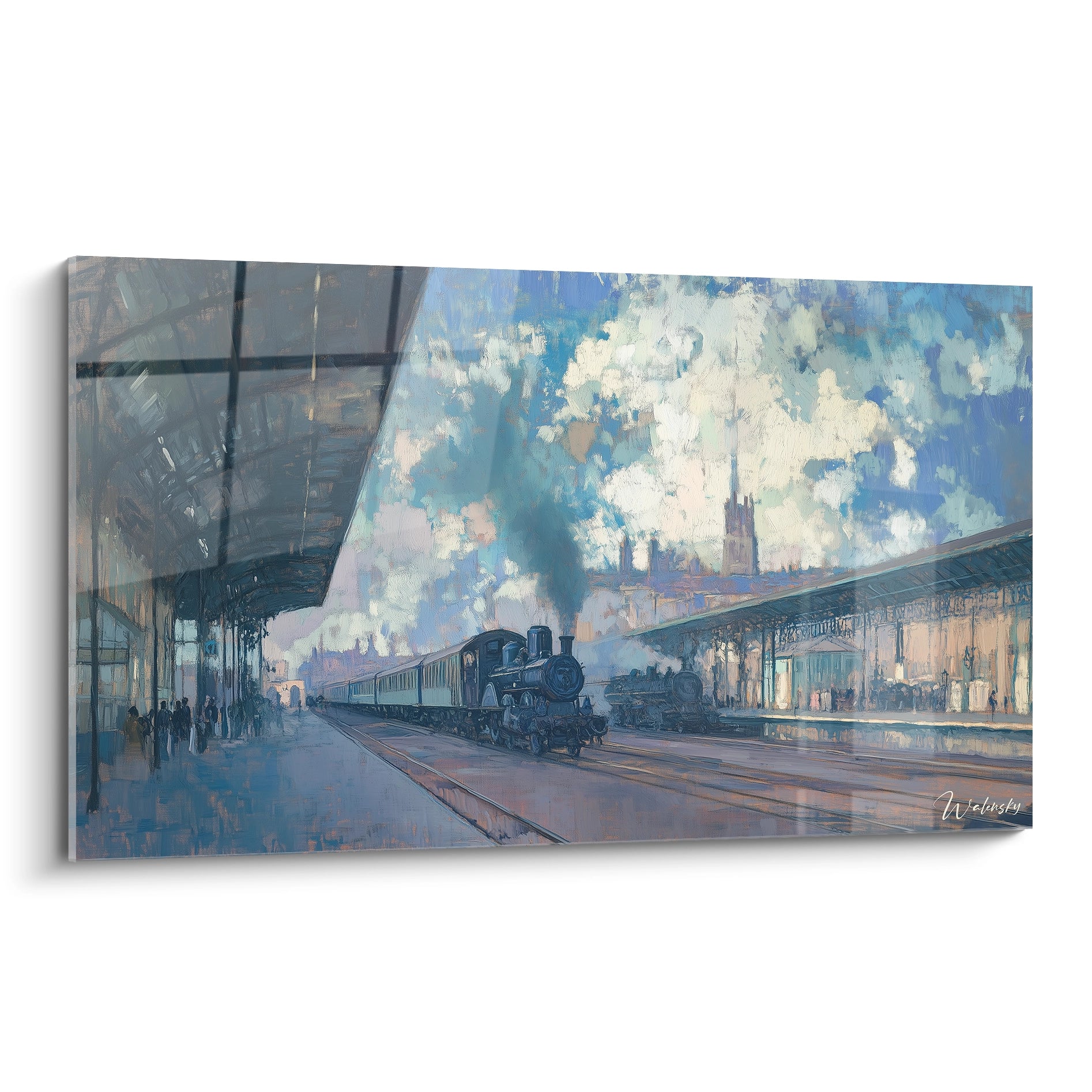 Un tableau claude monet montrant une locomotive noire dans une gare, avec des tons dominants de bleu, beige et gris, et des textures floues représentant des nuages et de la fumée.

