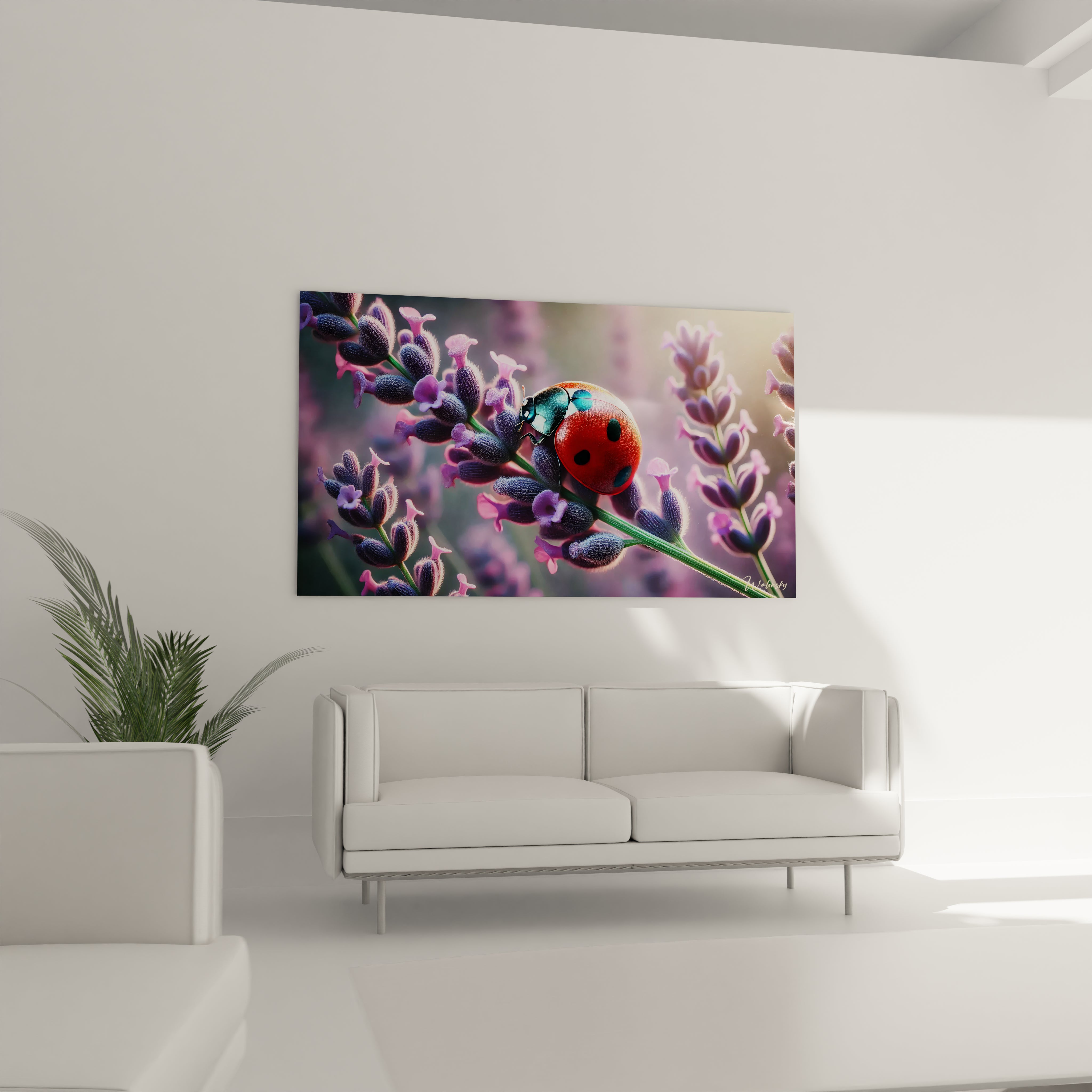 tableau coccinelle dans un salon accroché au dessus du canapé il illumine la pièce avec ses teintes vives et crée une atmosphère tranquille et élégante parfaite pour un espace de détente

