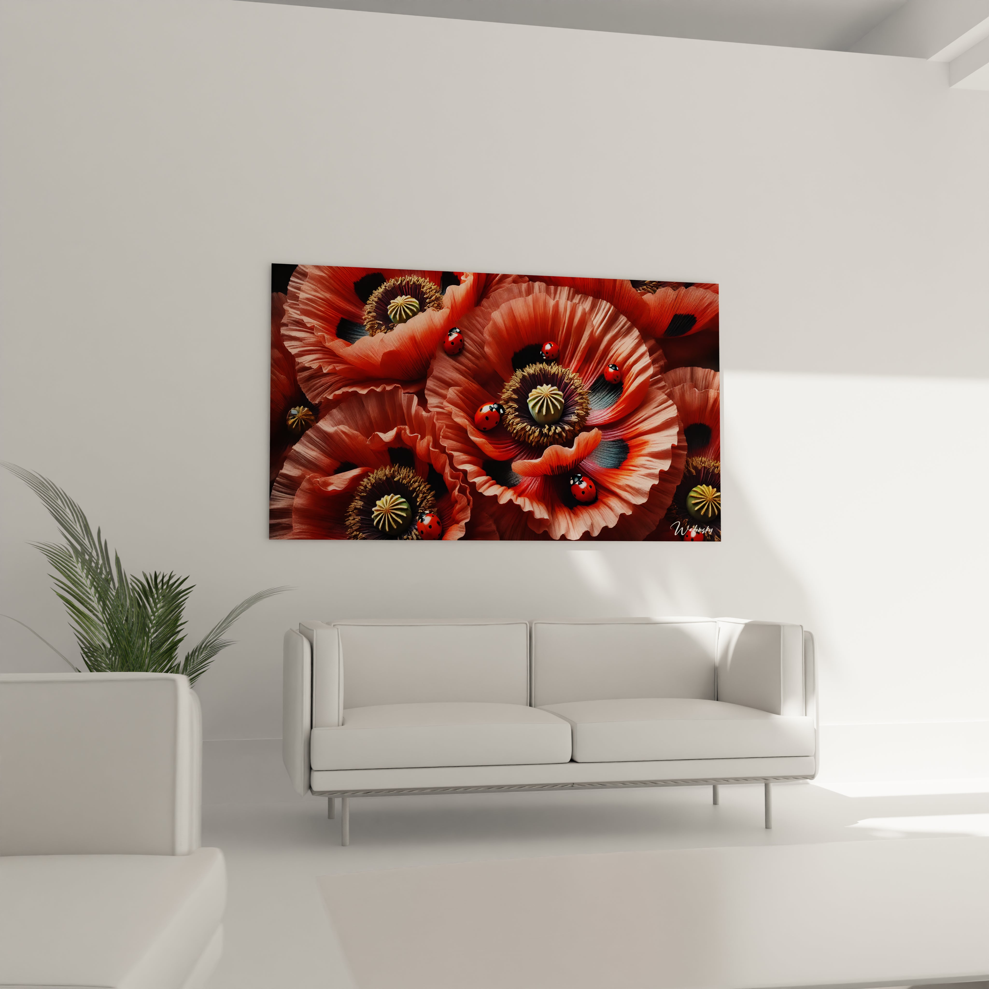 tableau coccinelle dans un salon au dessus du canape apportant une ambiance naturelle et vivante ideal pour une decoration lumineuse les details des fleurs et des coccinelles sont captivants

