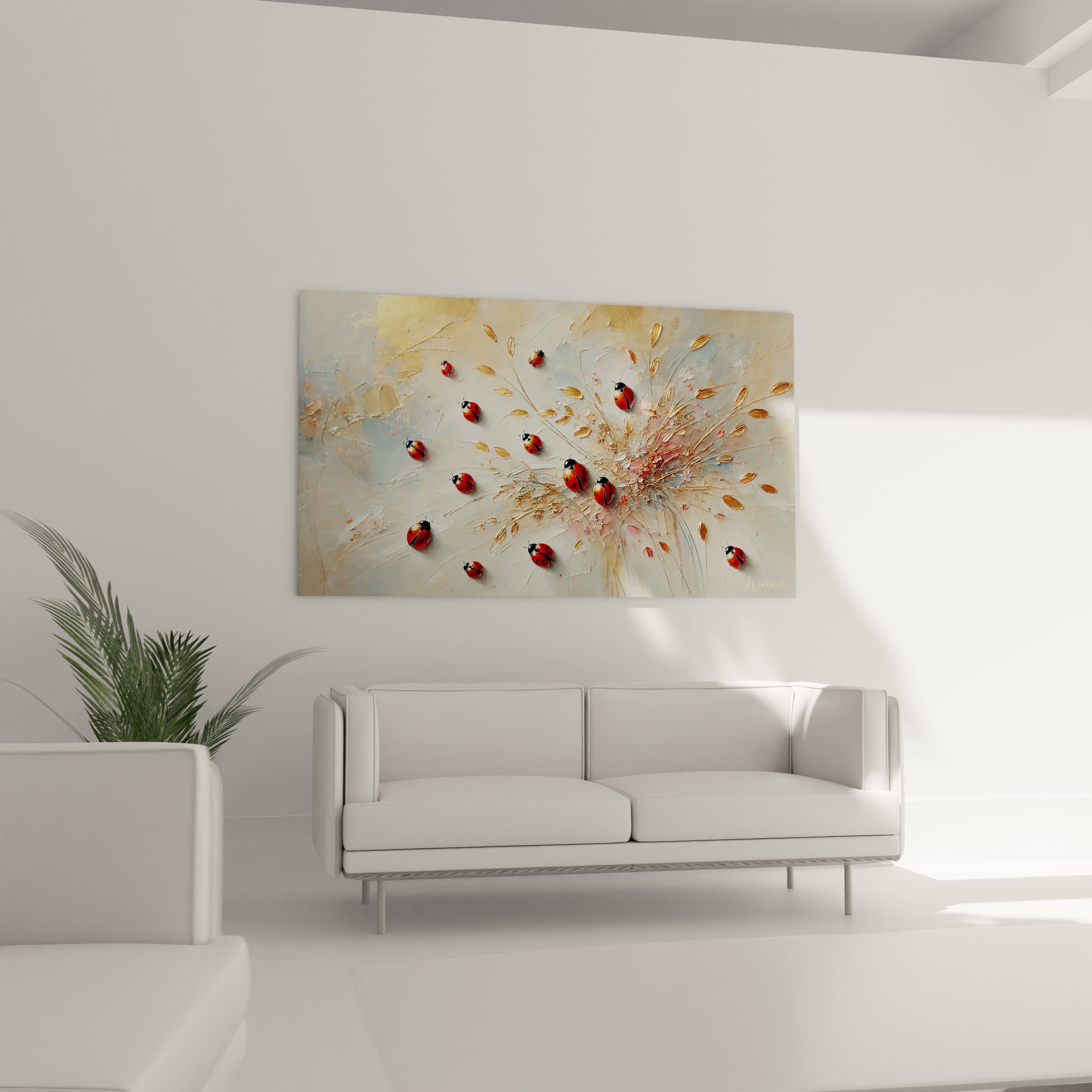 un tableau coccinelle dans votre salon pour illuminer l espace. Avec ses textures florales dorees et ses coccinelles rouge vif, il apporte une energie printaniere.

