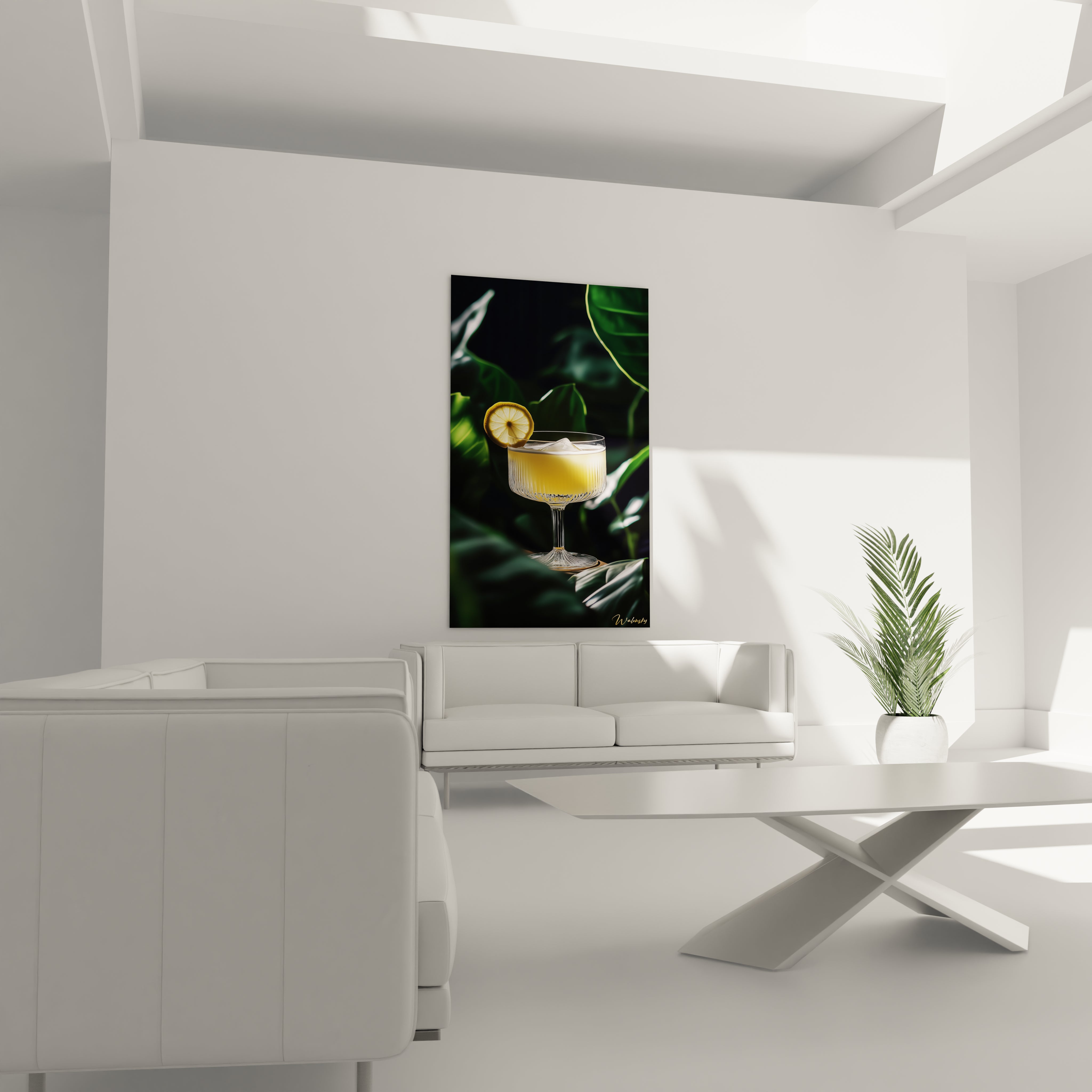 Un tableau cocktail illustrant un verre à pied ciselé contenant une boisson glacée jaune pâle. Le décor environnant est composé de feuillages verts avec un jeu d’ombres et de lumières tamisées.

