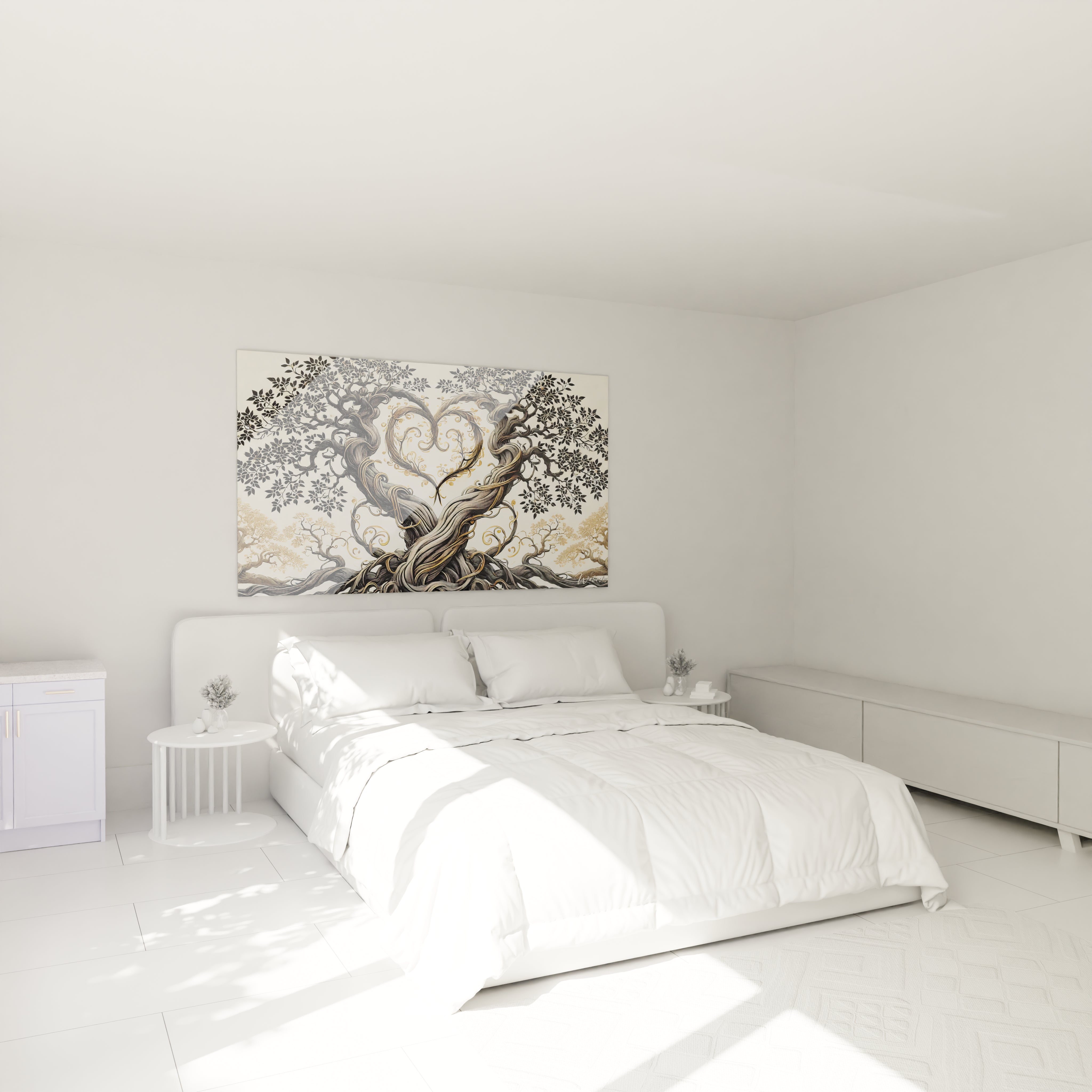 Dans une chambre, le tableau coeur sublime l ambiance avec ses details minutieux et sa forme symbolique. Un choix ideal pour une decoration intime et chaleureuse au dessus du lit.