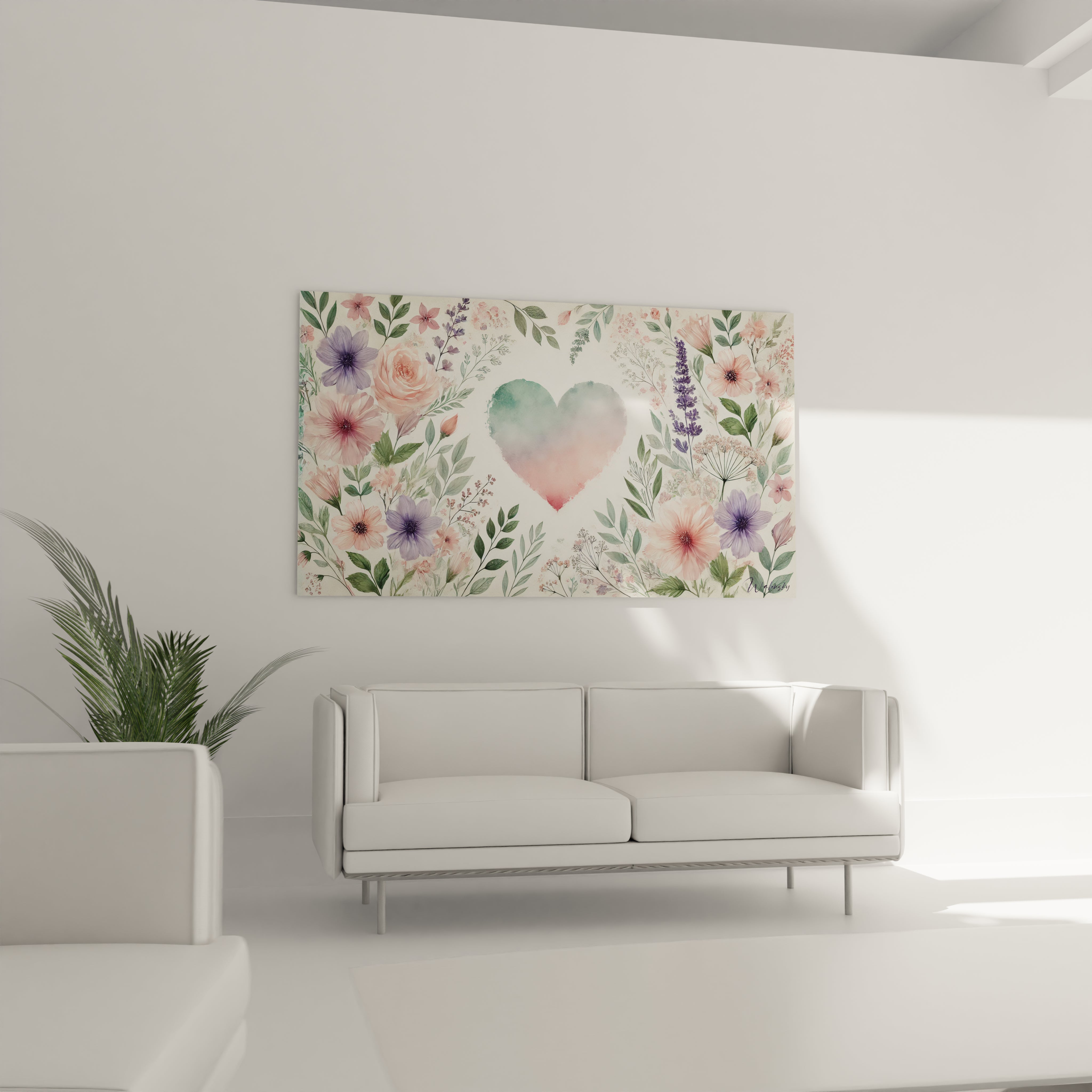 Tableau coeur au mur dans un salon, suspendu au-dessus du canapé, illumine l’espace avec ses couleurs douces et sa composition florale raffinée. Un ajout élégant pour un intérieur lumineux.

