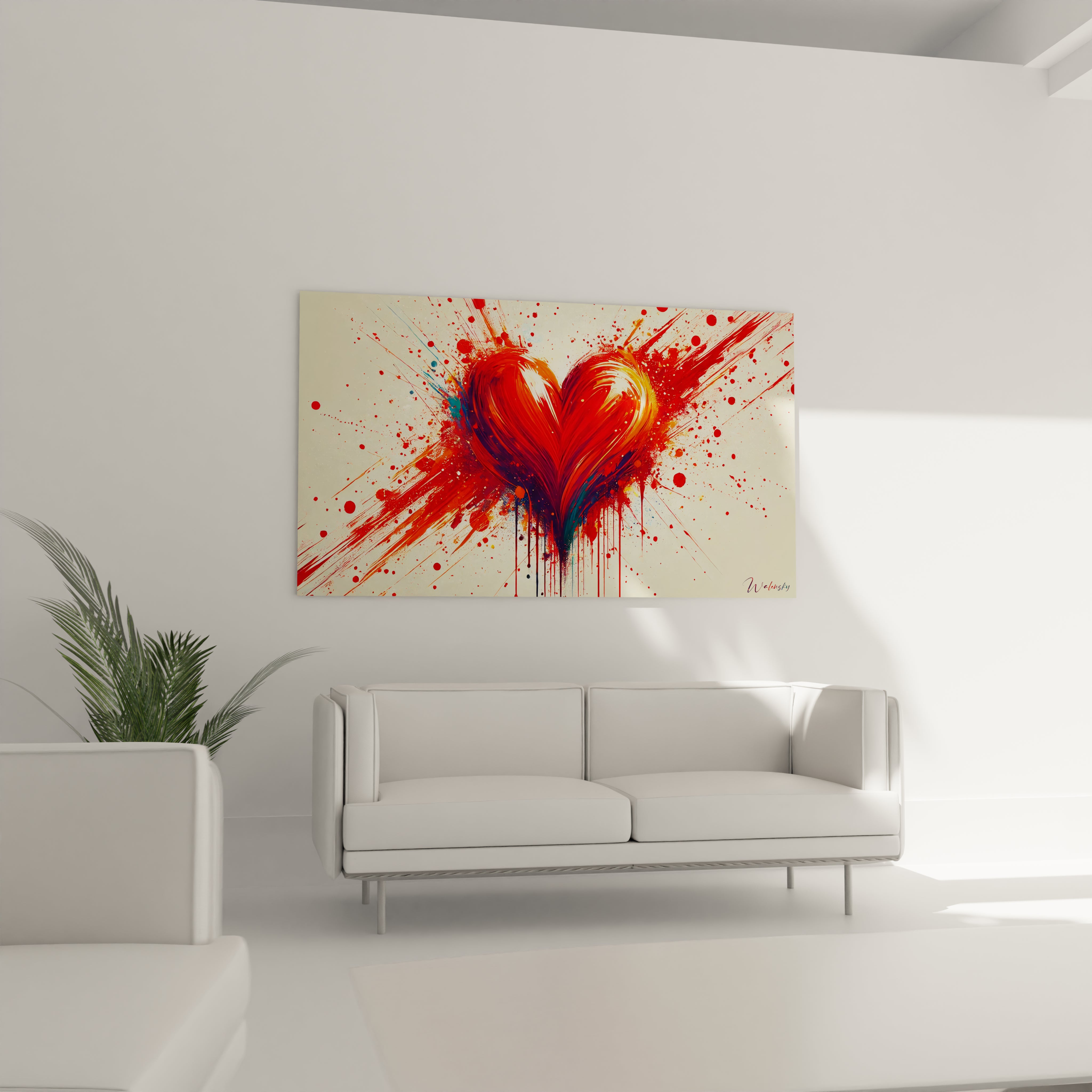 Dans un salon, ce tableau coeur attire les regards avec ses éclats rouges et oranges contrastant avec le bleu. Un ajout parfait pour un espace chaleureux et accueillant.

