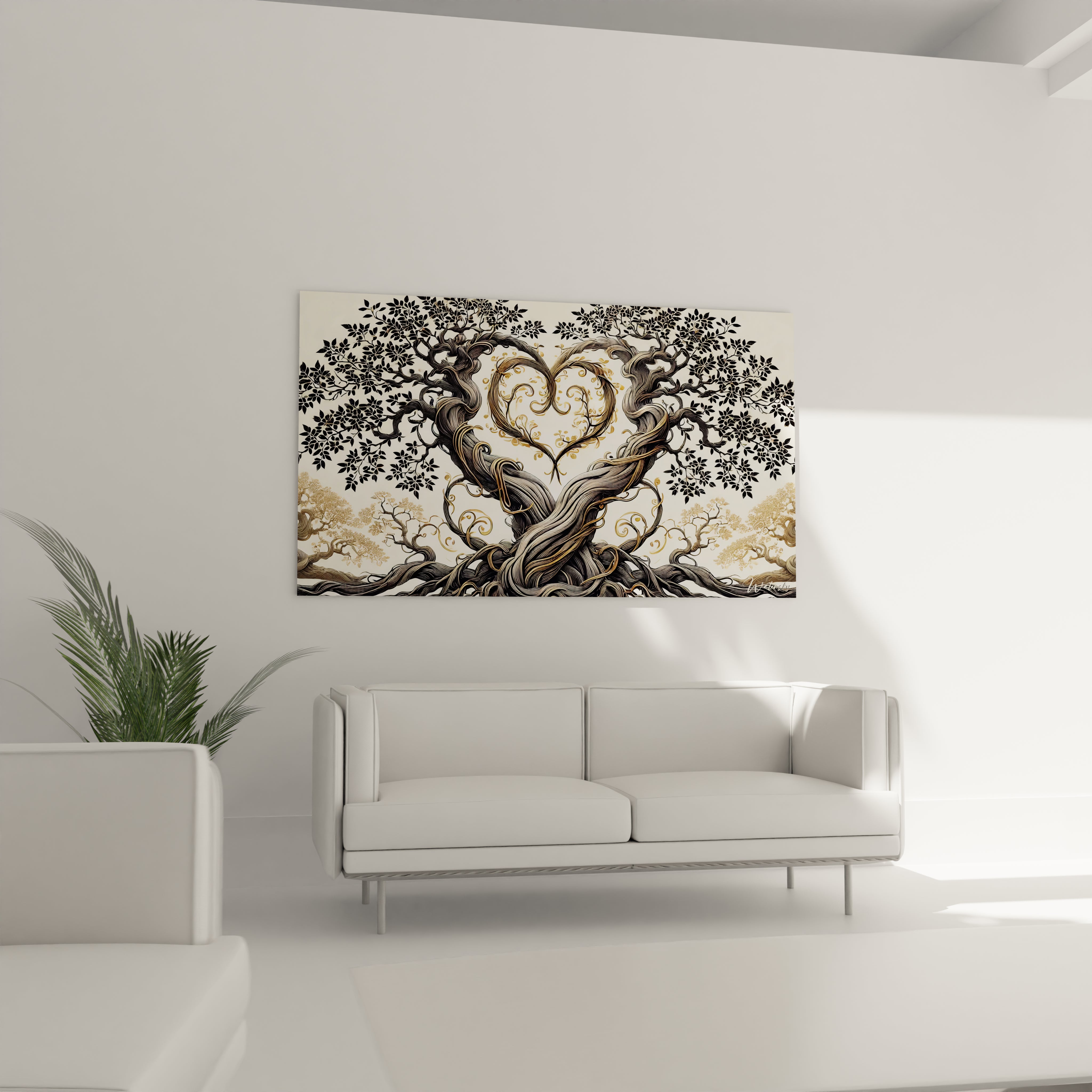 Le tableau coeur accroché au mur dans un salon ajoute une elegance naturelle. Ses branches dorees et sa forme delicate creent un point focal captivant au dessus du canapé.