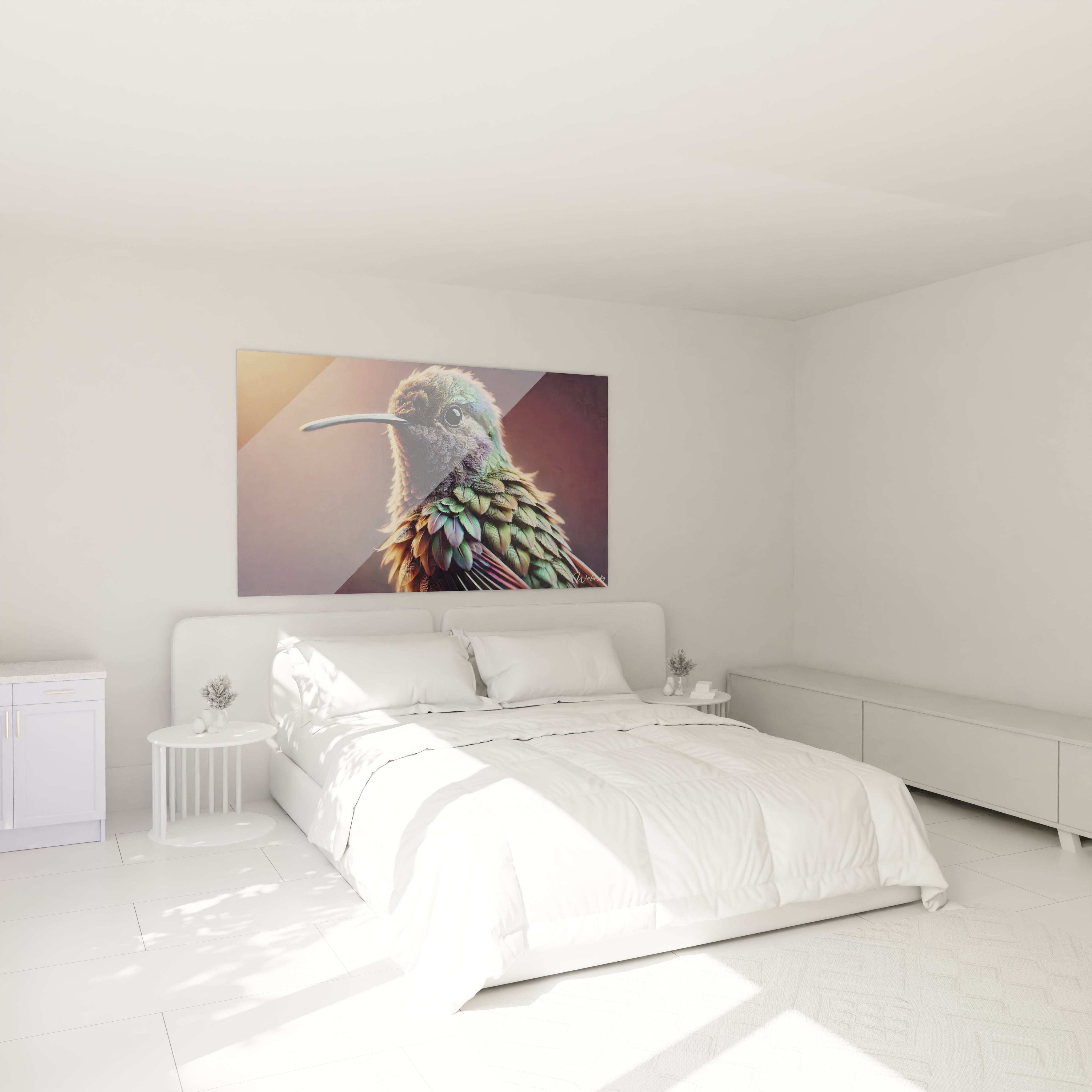 tableau colibri vibrant accroche au mur dans une chambre il apporte couleur et energie a l espace grace a son realisme et ses details sublimes chaque plume s illumine selon l eclairage

