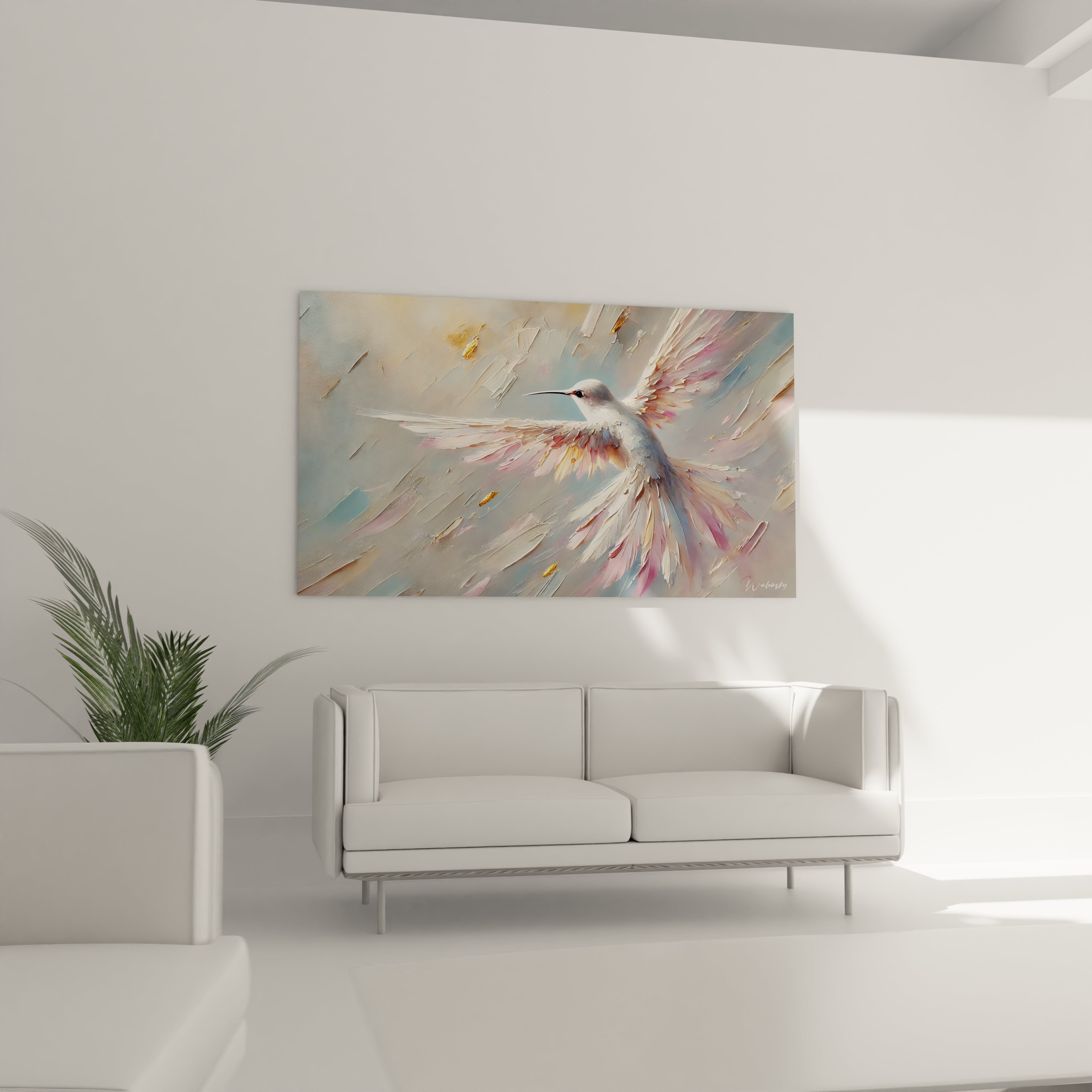 tableau colibri au dessus du canape cree une atmosphere apaisante dans votre salon. Ses couleurs douces et etherees s'integrent harmonieusement dans un decor minimaliste ou contemporain.

