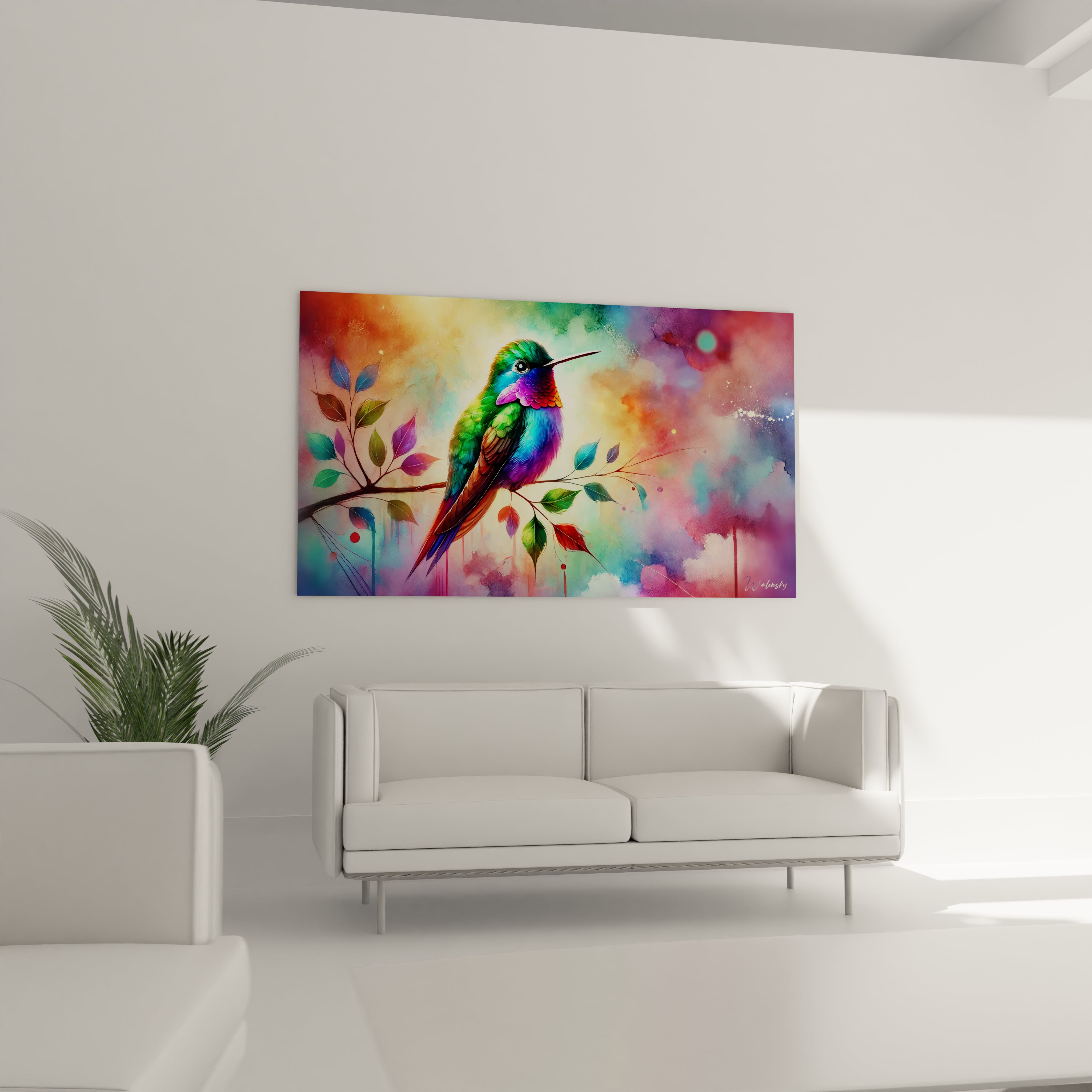 Ce tableau colibri cree un point focal au-dessus de votre canape. Sa composition dynamique en fait une decoration parfaite pour illuminer votre salon avec style et modernite

