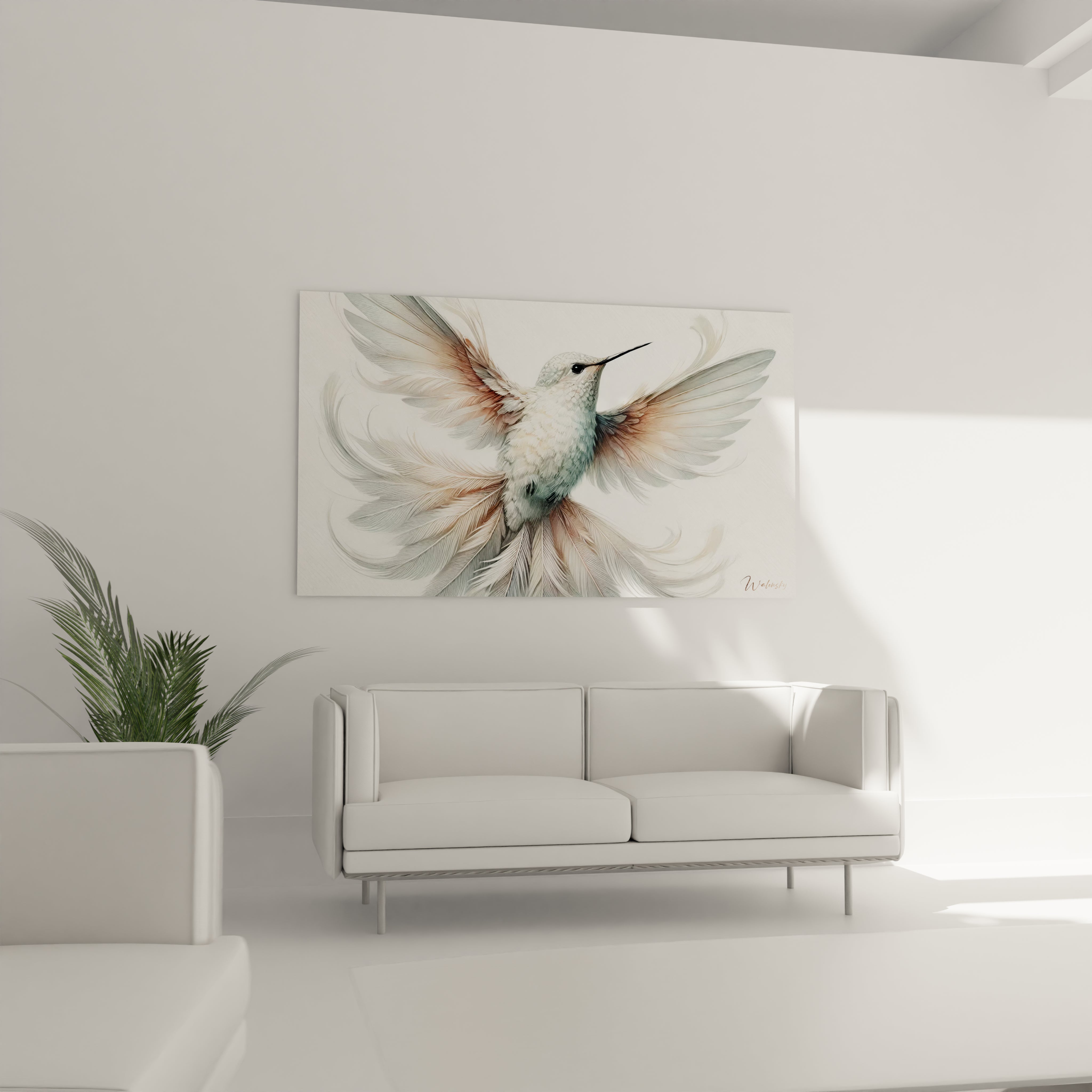 tableau colibri accroché au-dessus d’un canapé dans un salon moderne. Les teintes de beige, blanc et argent créent une ambiance douce et harmonieuse, idéale pour un espace de détente.

