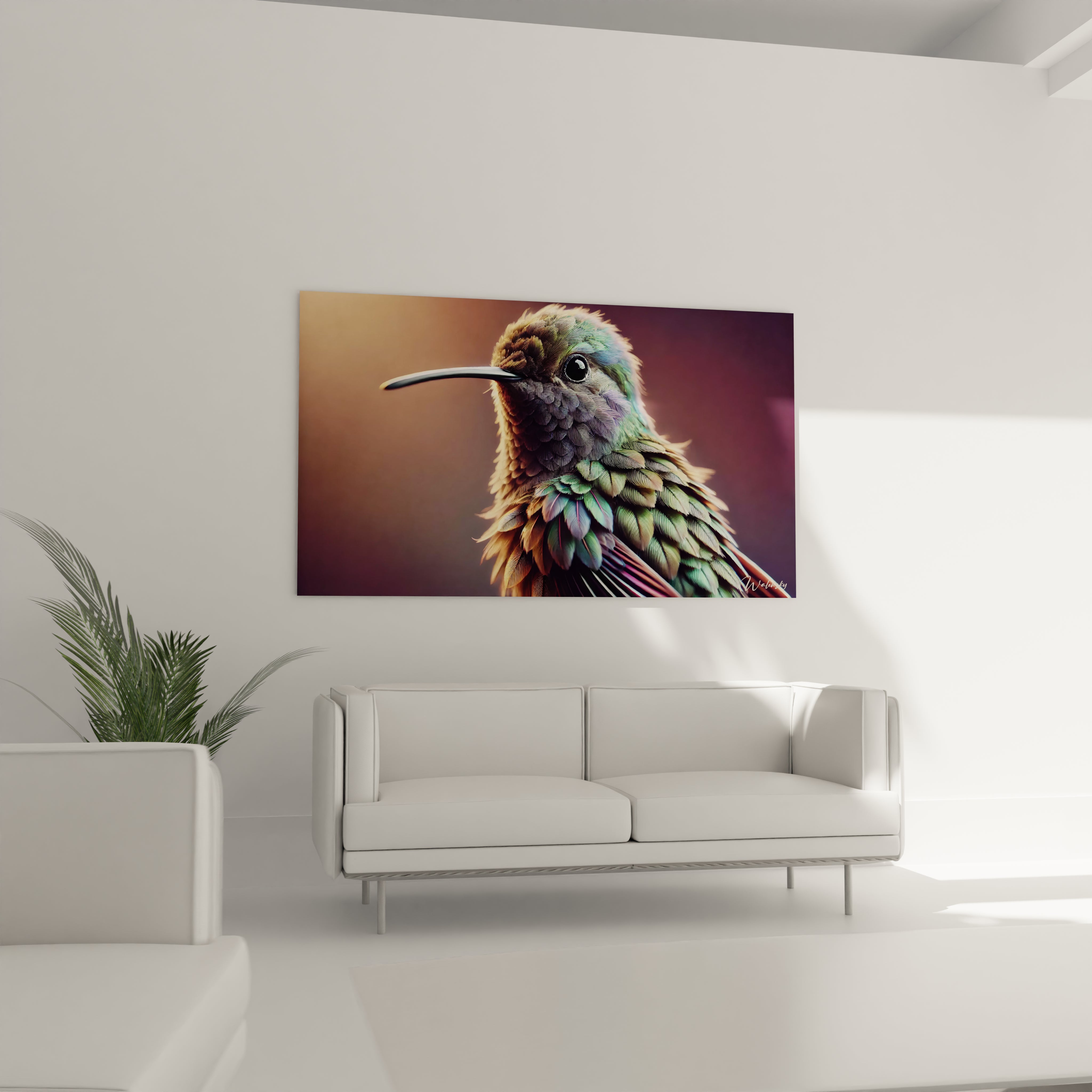 tableau colibri au dessus du canape dans un salon moderne ses couleurs vives et ses nuances donnent vie a l espace ajoutant un charme unique pour un interieur lumineux et elegant

