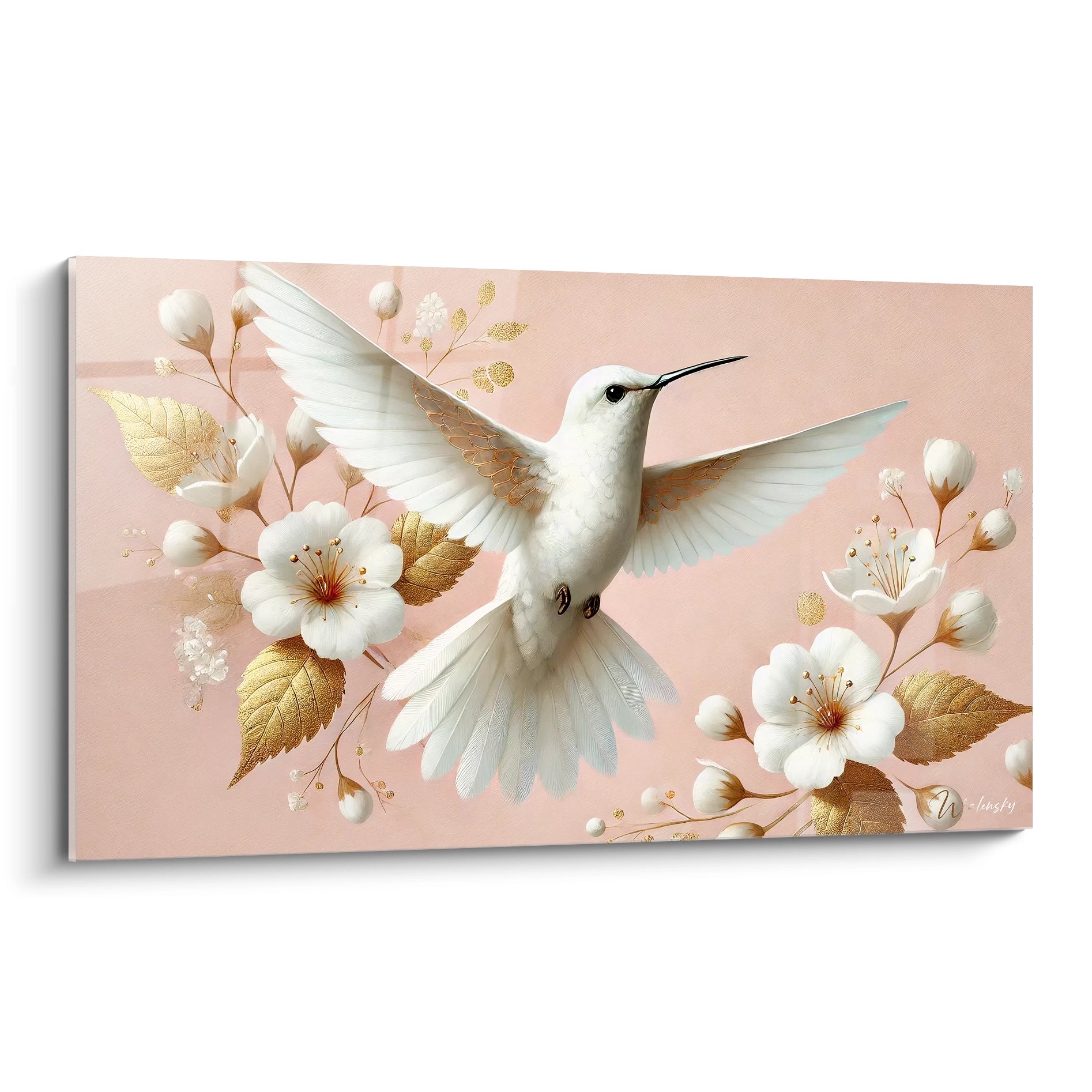 tableau colibri capture l elegance du colibri en plein vol avec ses ailes dorees et son fond rose pale un ajout raffine a toute deco apportant serenite et douceur dans n importe quelle piece

