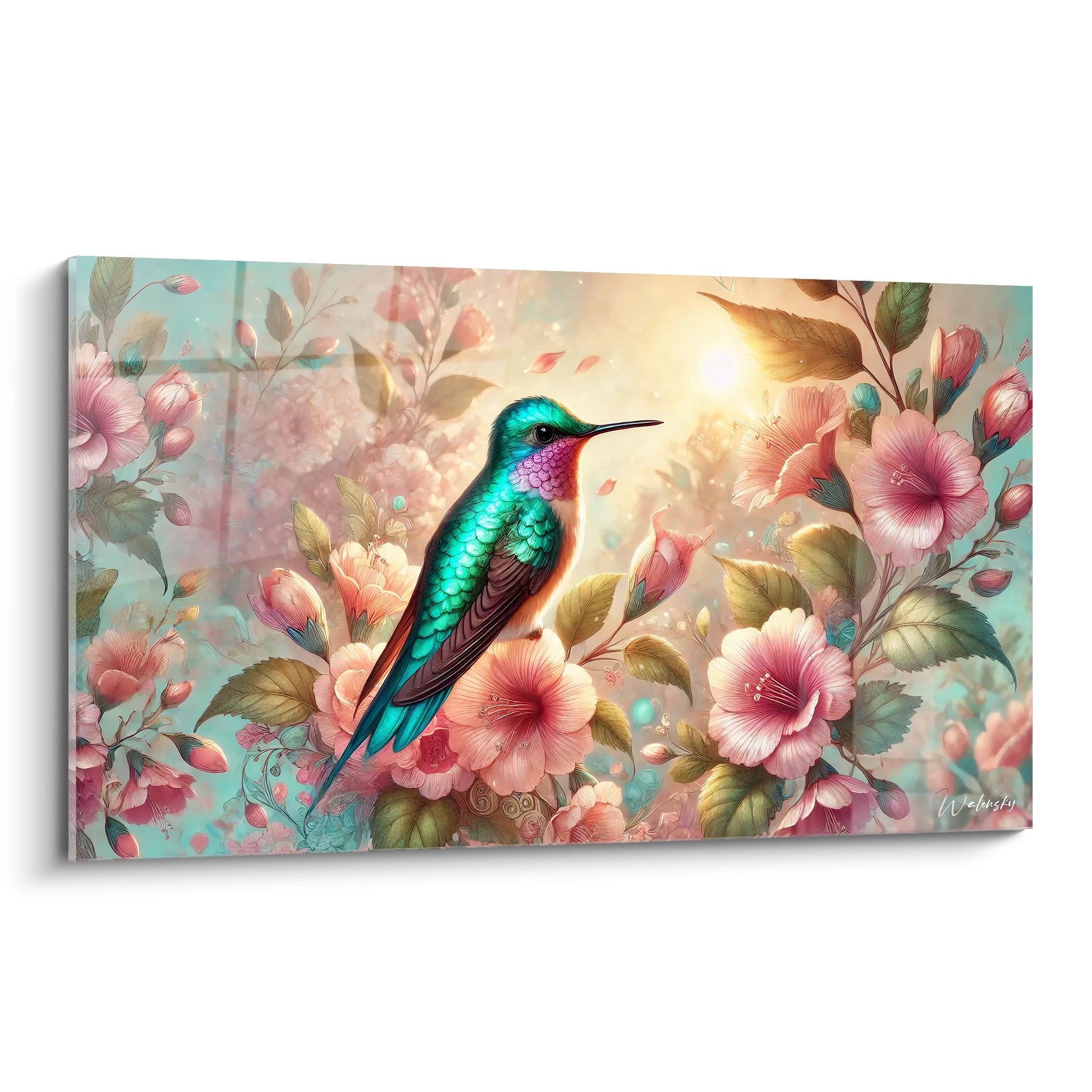 tableau colibri capturant la beaute de la nature. Vu de biais, le colibri semble suspendu dans les airs, vibrant de nuances de vert et bleu, entouré de fleurs eclatantes. Un ajout apaisant a votre decor.

