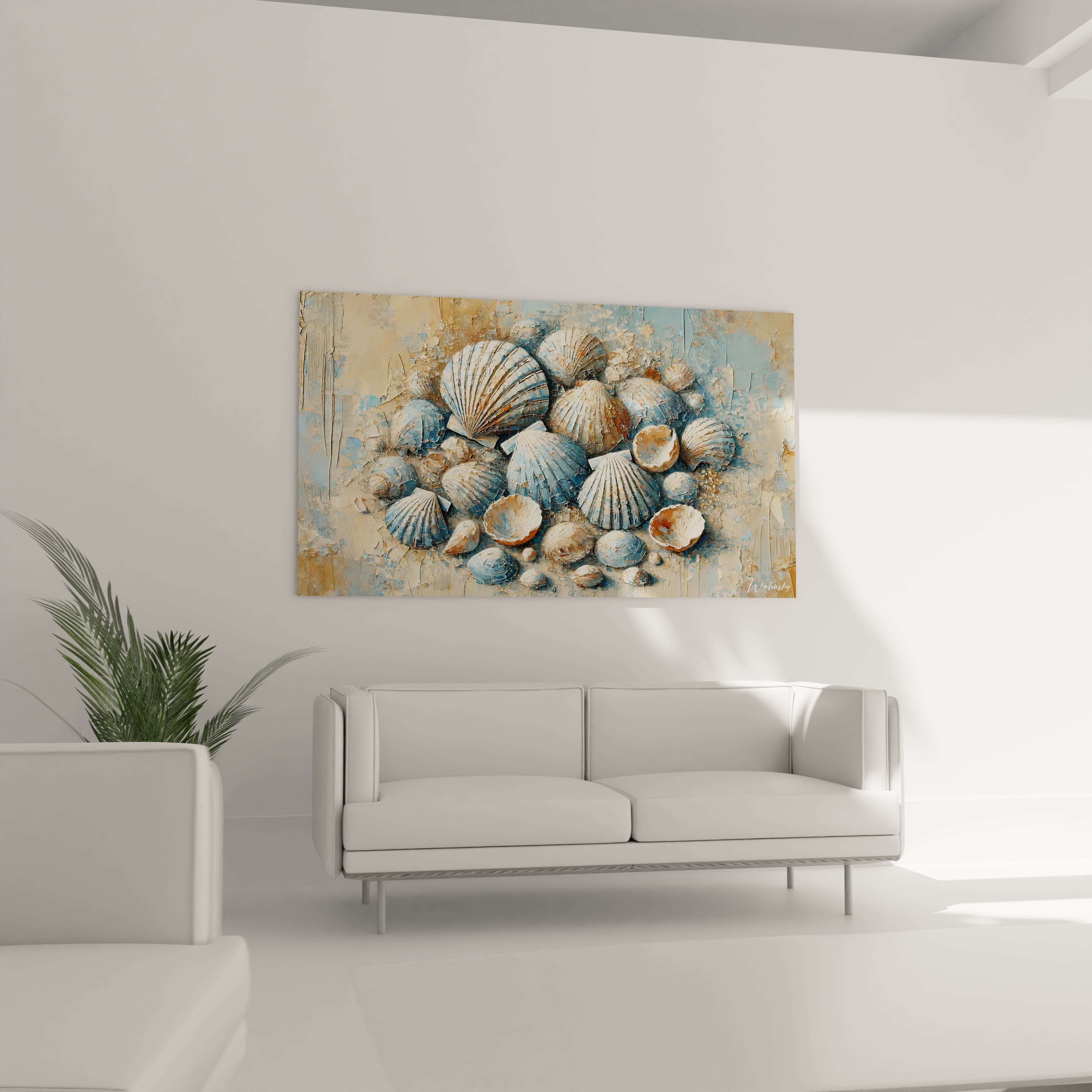 Dans un salon, le tableau Coquillage au-dessus du canapé apporte un element decoratif inspirant. Les textures marines et les tons doux bleu beige creent un espace de detente naturel et harmonieux.

