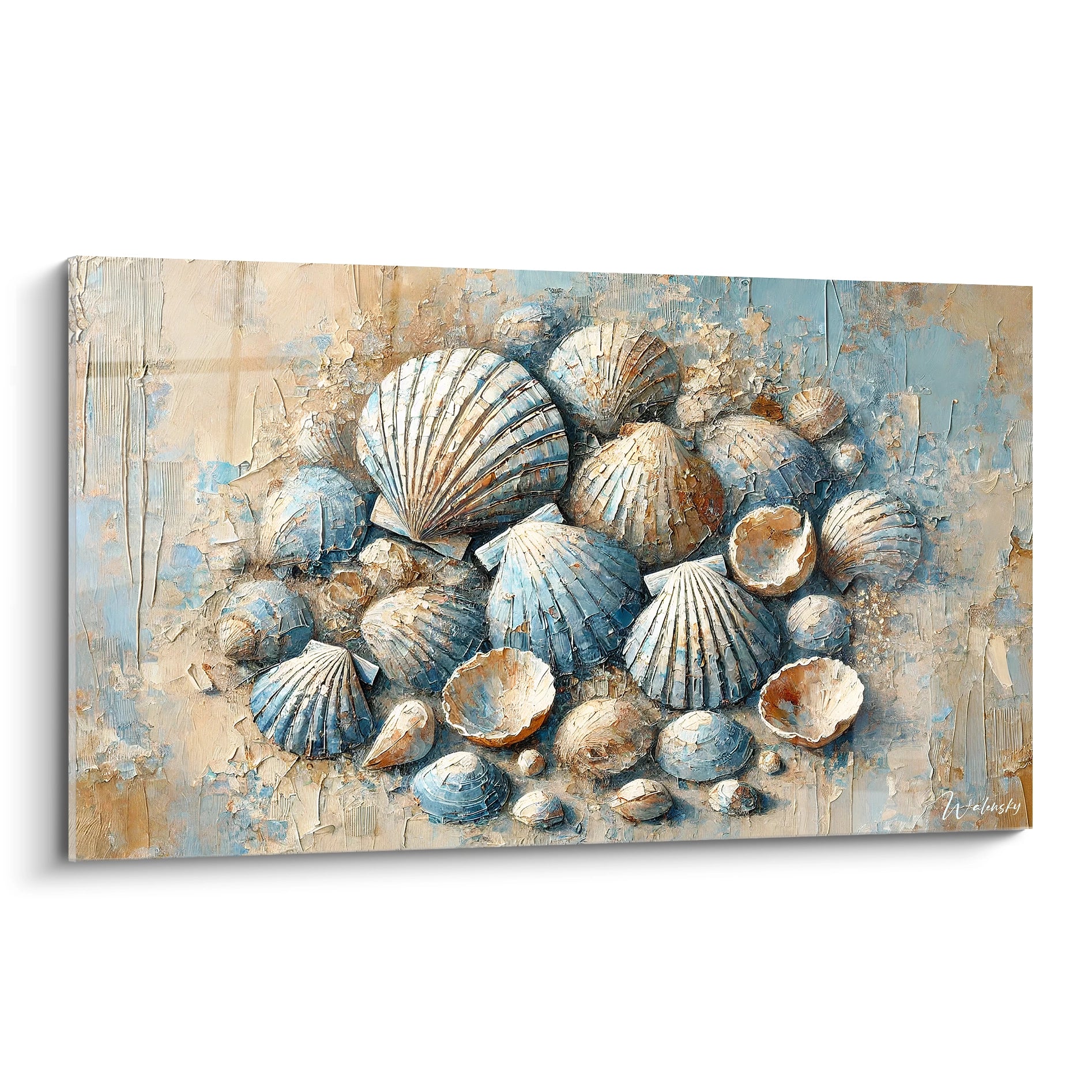 Tableau Coquillage vu de biais, capture l’harmonie marine avec des textures reliefs saisissantes. Les couleurs bleu, beige et blanc évoquent l’essence apaisante de la mer et du sable.

