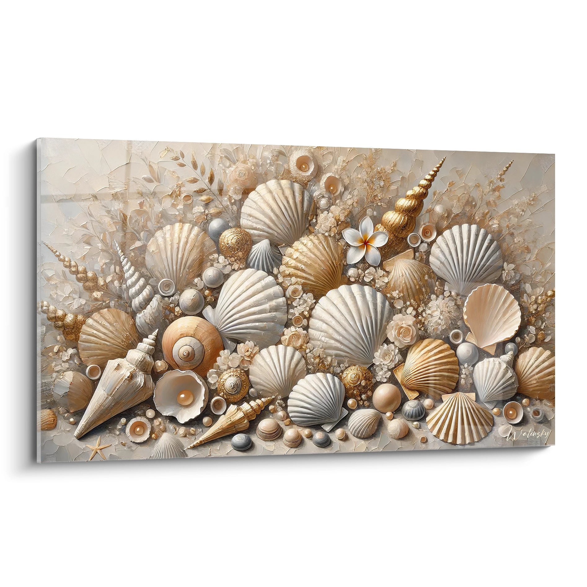 tableau Coquillage vue de biais capturant des details minutieux de coquillages et fleurs. Une symphonie de textures realistes, melant tons or et argent pour une atmosphere marine sophistiquee.

