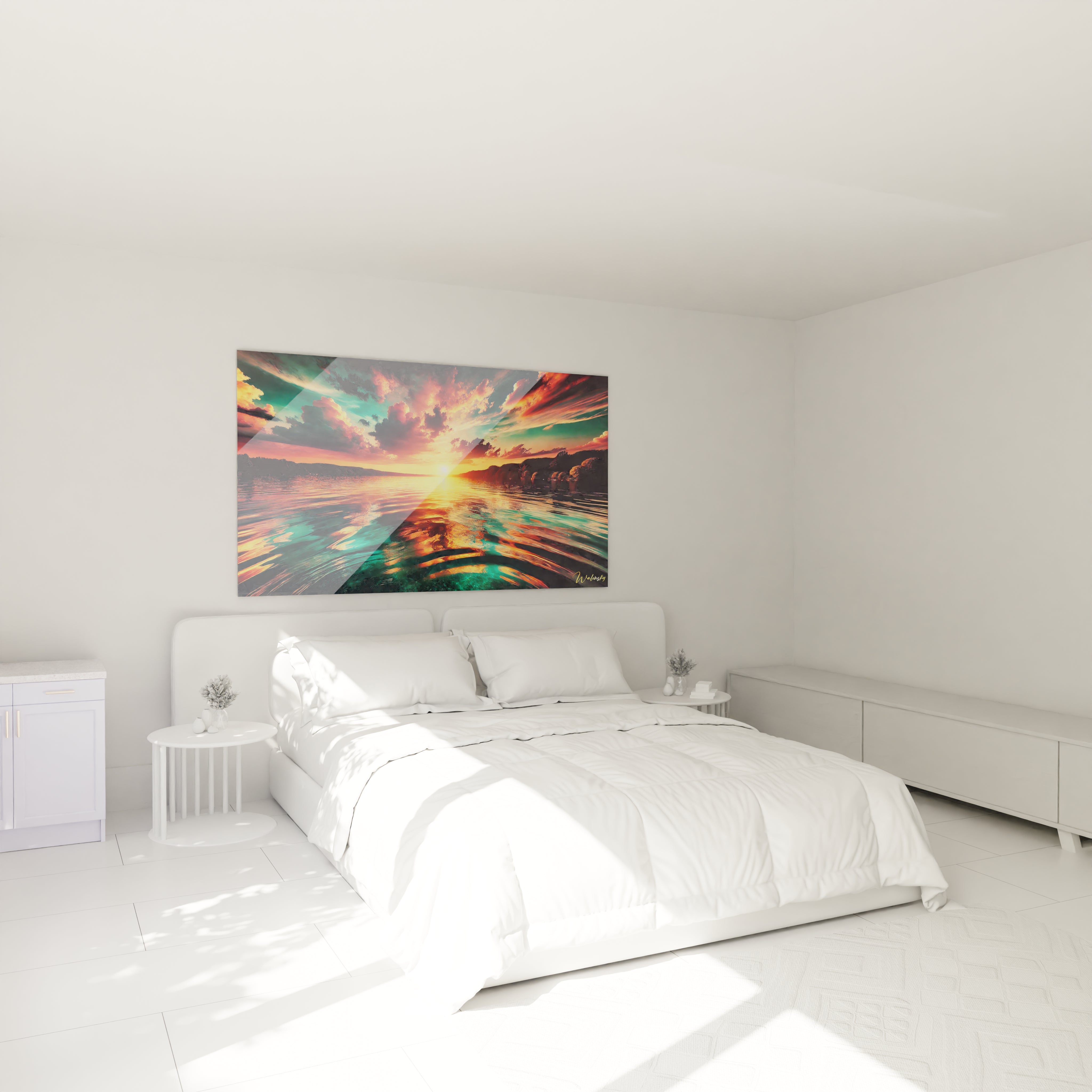 Le tableau Coucher de Soleil transforme votre chambre, accroché au-dessus du lit. Sa beauté vibrante invite à la rêverie, apportant une ambiance paisible et colorée.

