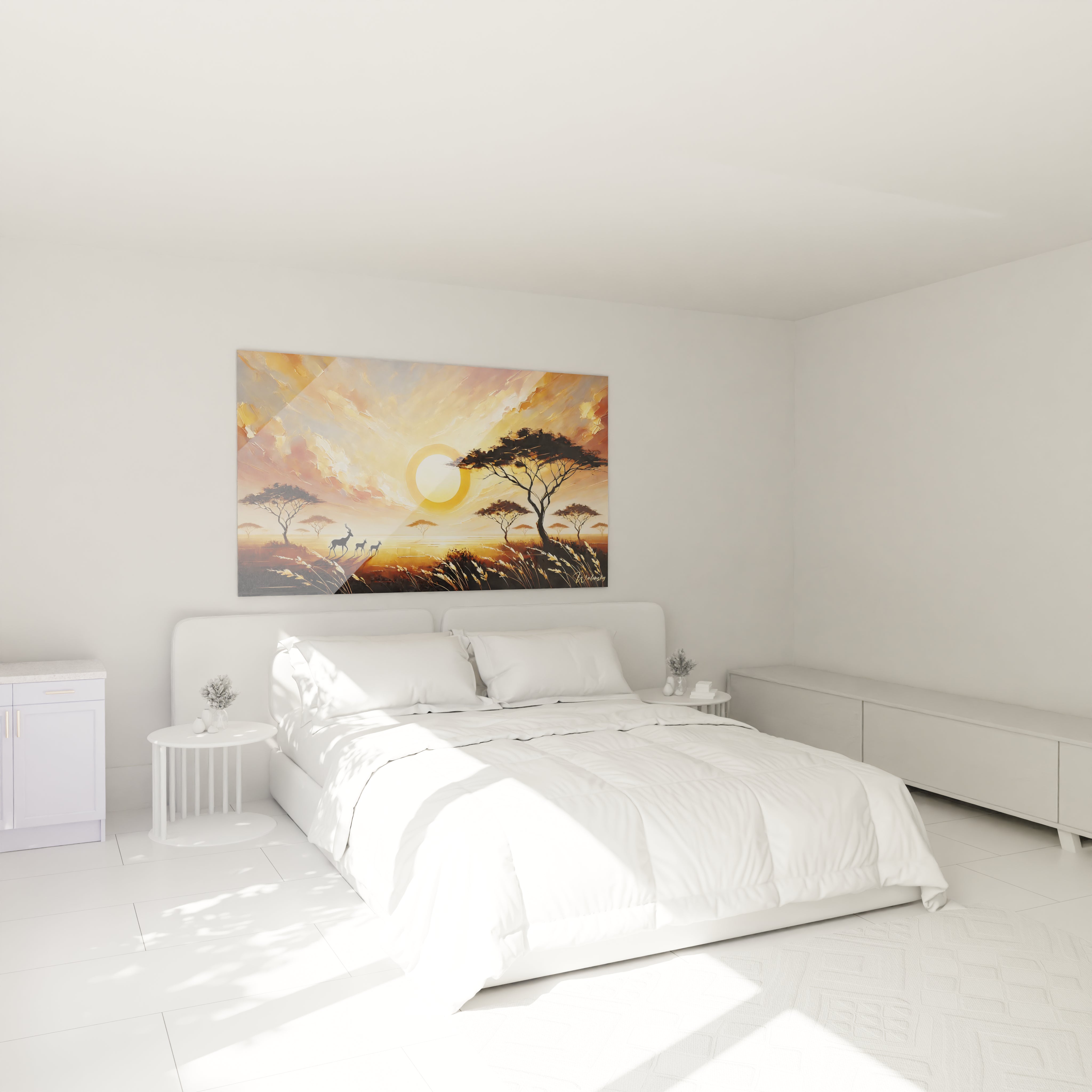 Dans cette chambre, le tableau Coucher de Soleil crée une atmosphère paisible au-dessus du lit, apportant chaleur et harmonie grâce à ses nuances dorées et son design contemporain.

