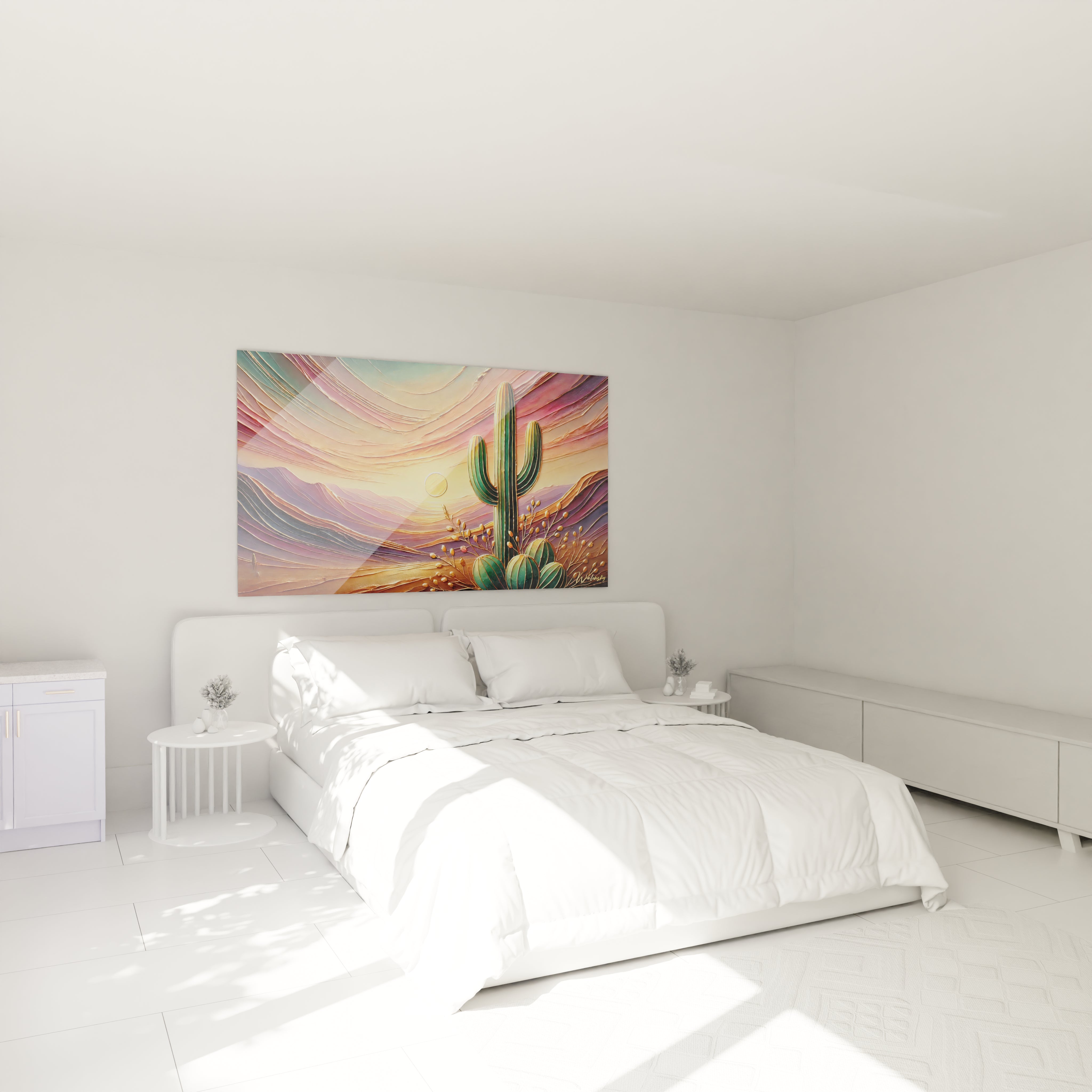 Admirez le tableau Coucher de Soleil au-dessus du lit dans cette chambre. Ses teintes dorées et vibrantes apportent une ambiance paisible et mystérieuse à votre espace.

