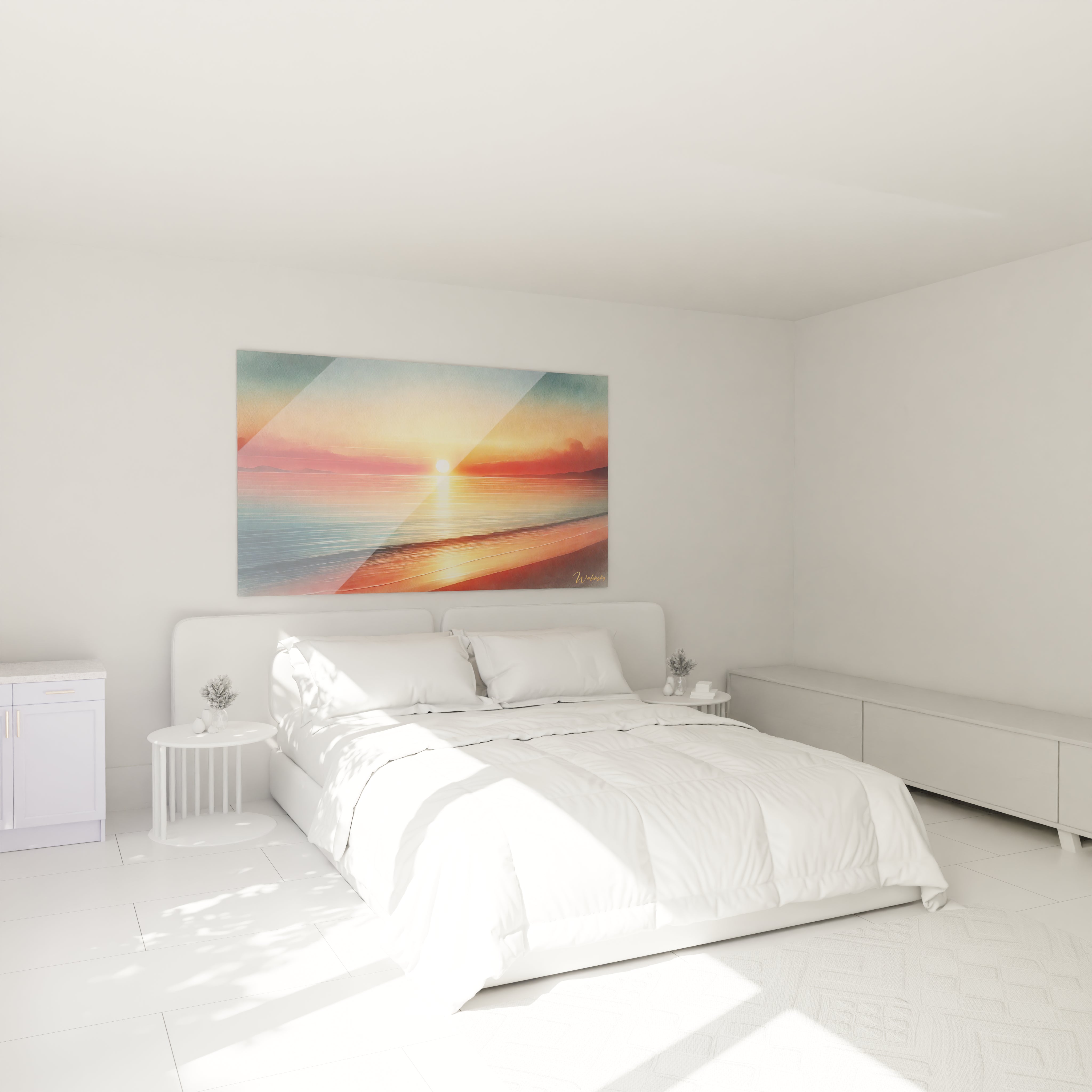 Dans cette chambre, le tableau Coucher de Soleil illumine le mur au-dessus du lit, créant une ambiance sereine avec ses dégradés chaleureux et apaisants, parfaits pour la détente.

