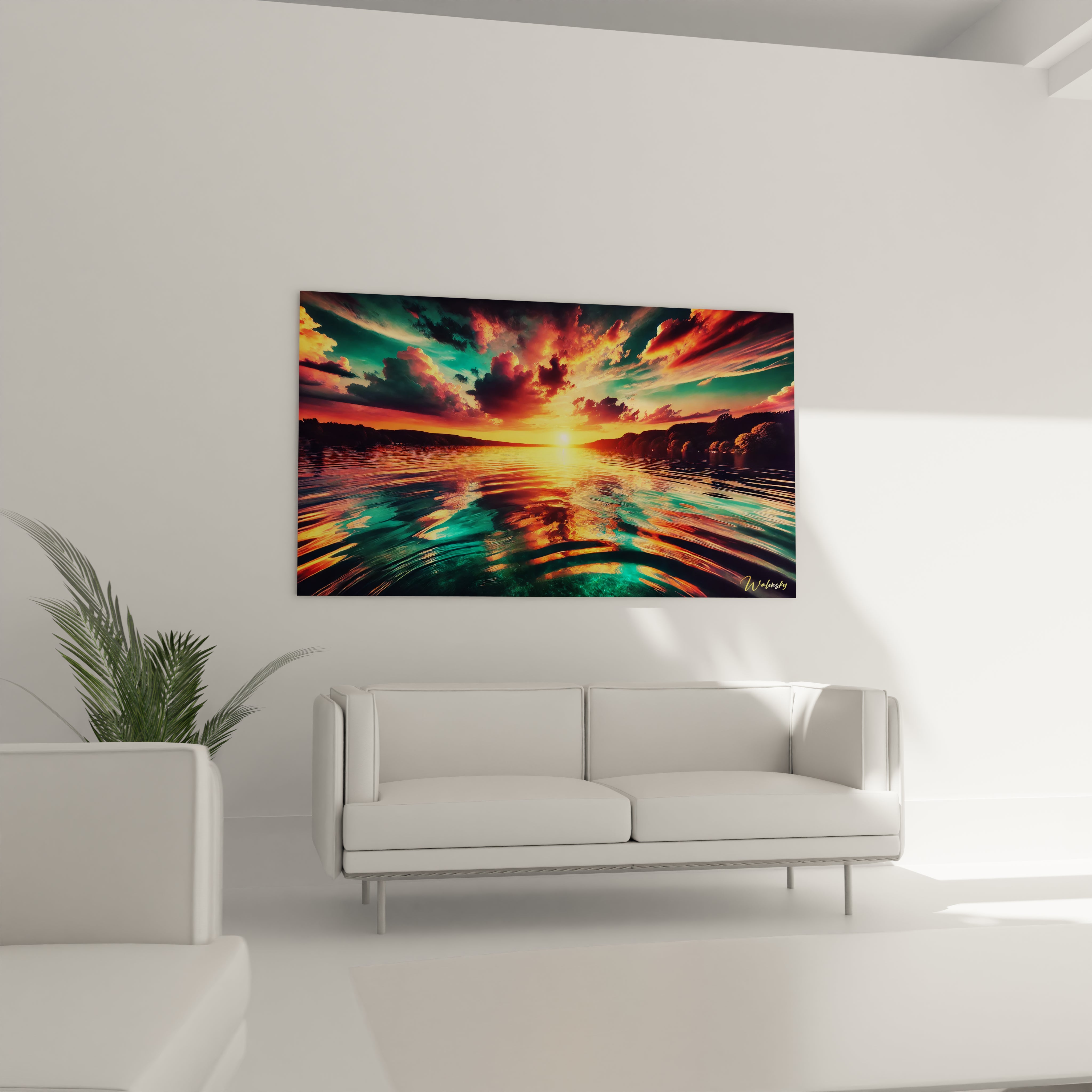 Dans le salon, le tableau Coucher de Soleil illumine l'espace au-dessus du canapé. Les teintes multicolores ajoutent une touche d'élégance et de chaleur à votre décor.

