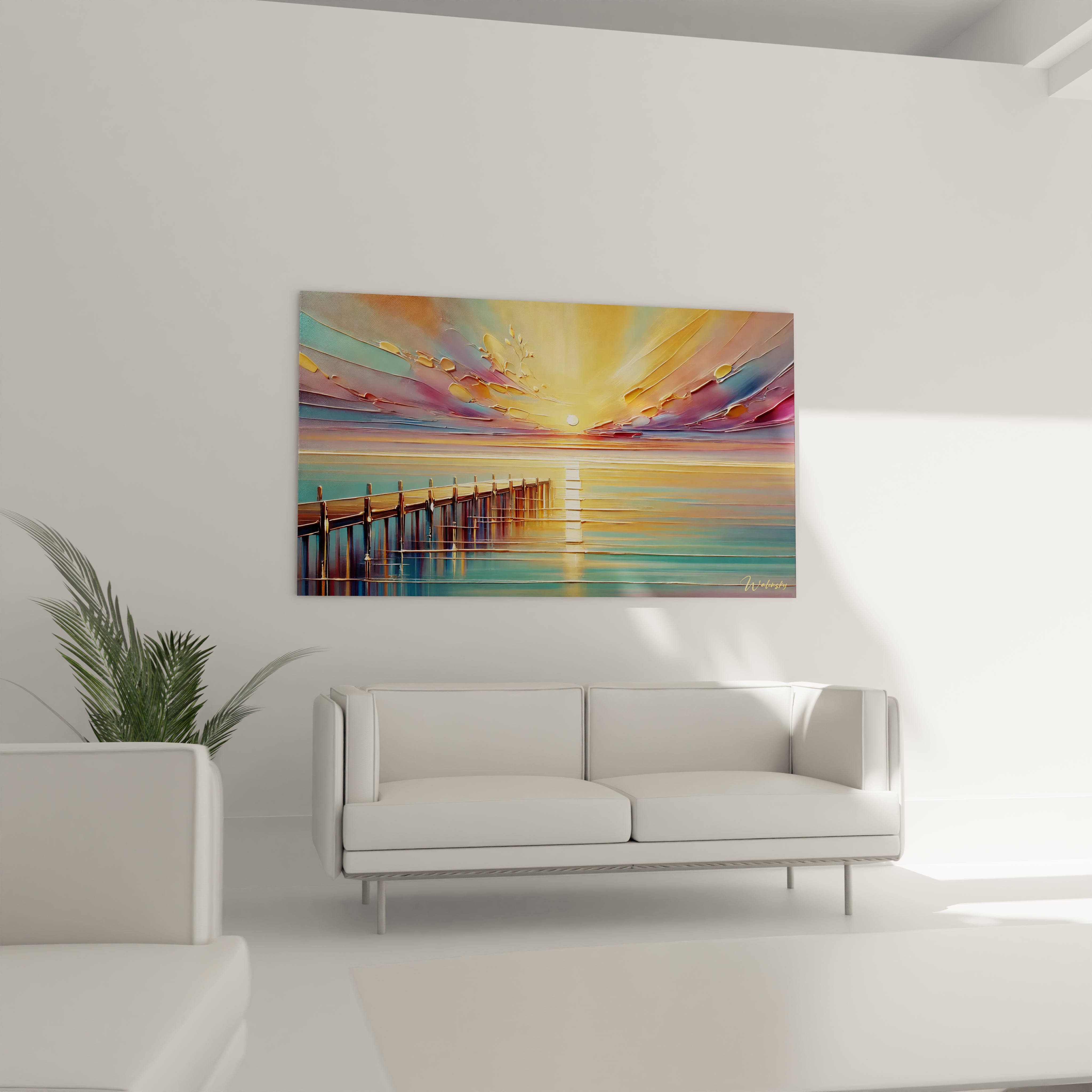 Sublimez votre salon avec ce tableau Coucher de Soleil, installé au-dessus du canapé. Ses teintes chaudes et son ambiance sereine transformeront votre espace en un havre de paix.

