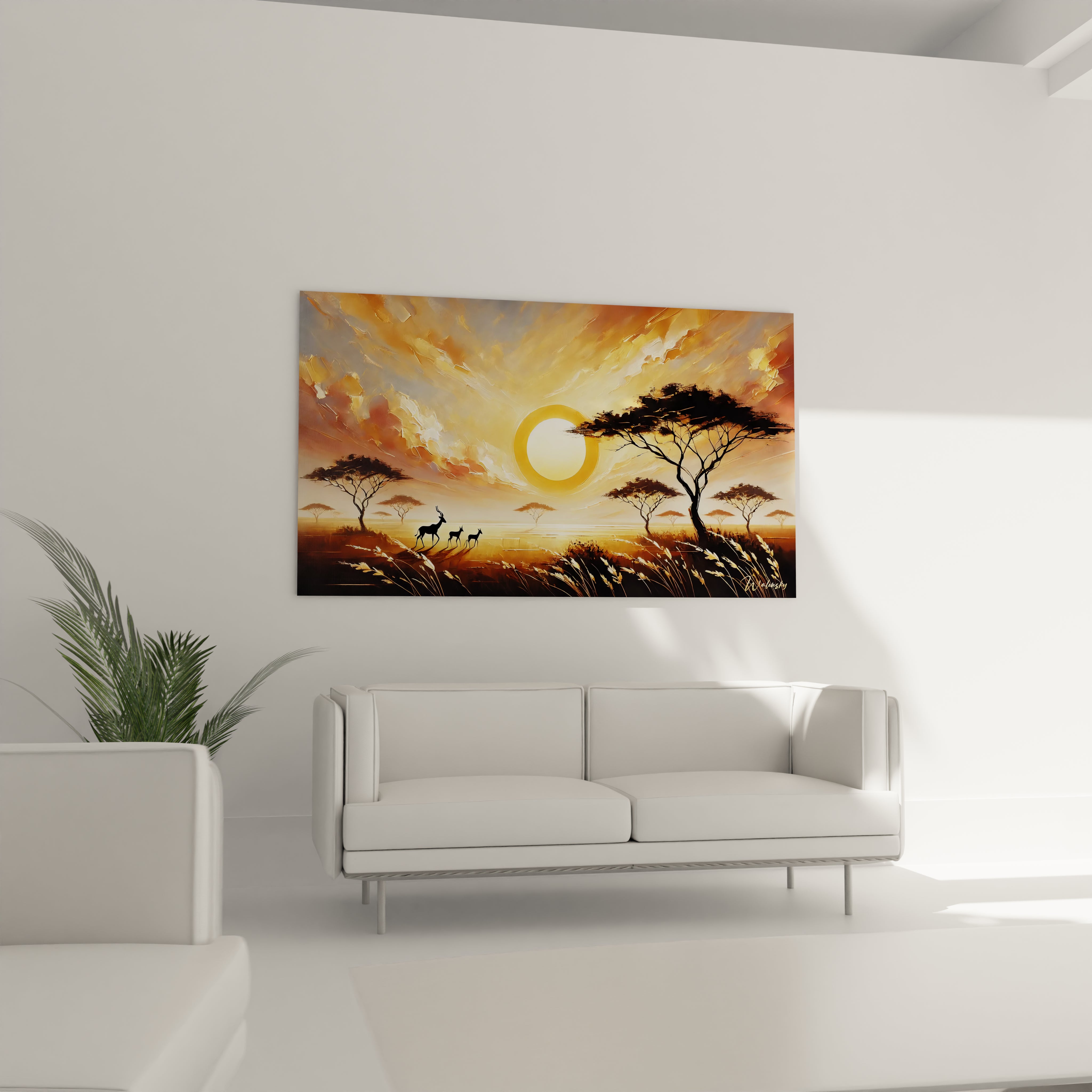 Le tableau Coucher de Soleil se démarque dans le salon, accroché au-dessus du canapé. Son style texturé et ses couleurs vibrantes transforment l'ambiance avec une touche d'élégance.

