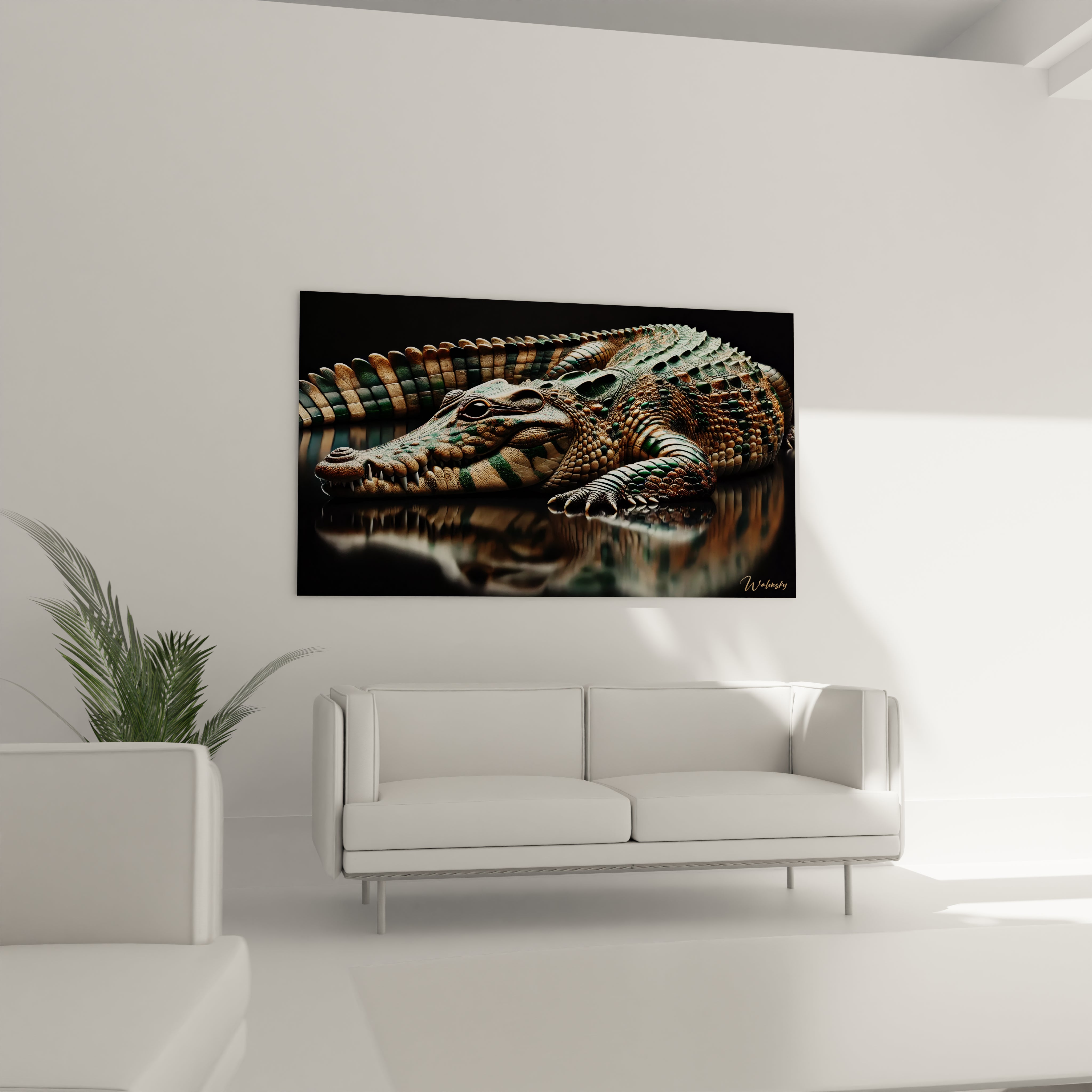 Sublimez votre salon avec ce tableau crocodile accroché au-dessus de votre canapé. La composition contemporaine et les contrastes visuels ajoutent une dimension mythique à votre espace.

