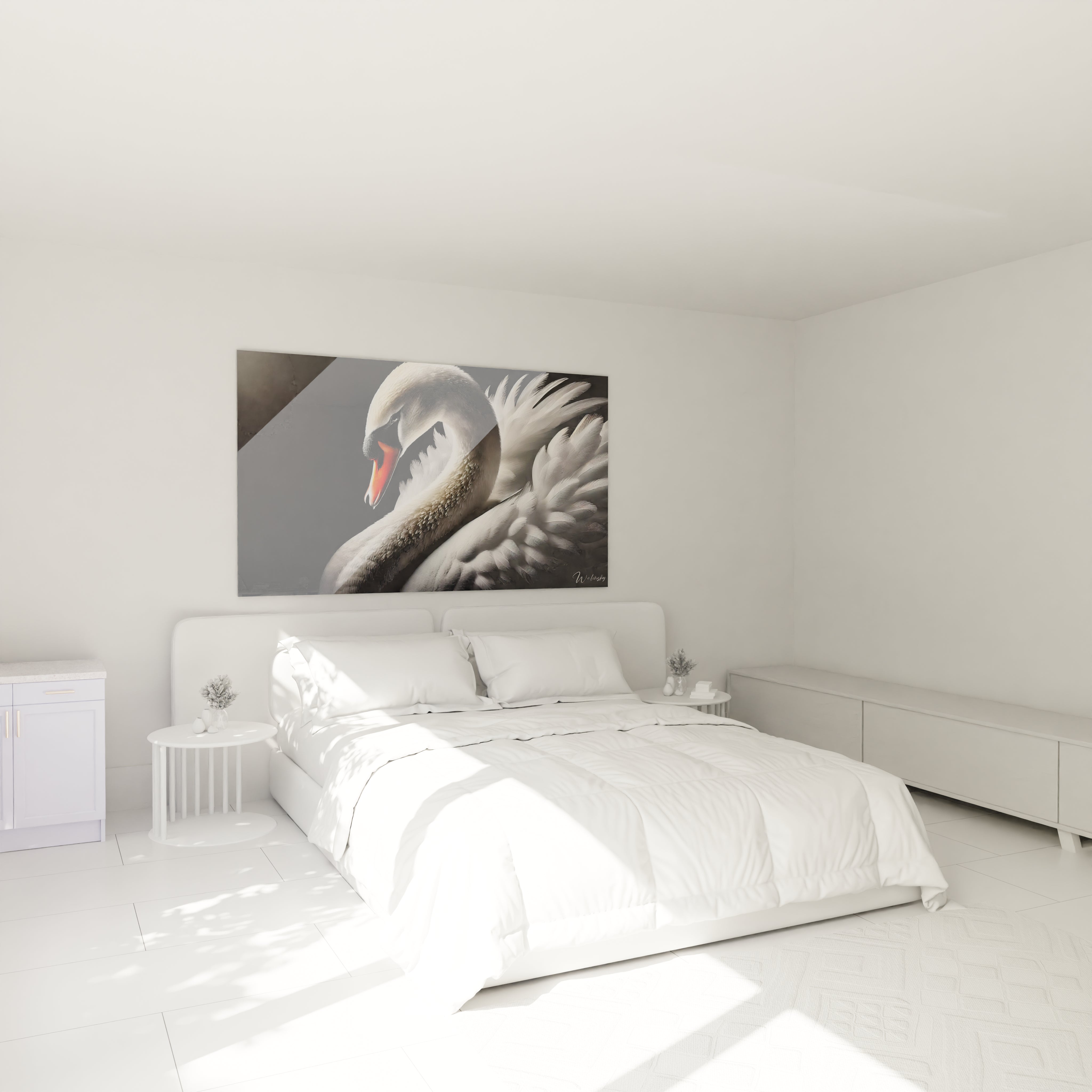 Dans cette chambre ce tableau cameleon au dessus du lit devient le point focal son fond noir minimaliste met en valeur les couleurs du cameleon parfait pour un interieur moderne et relaxant

