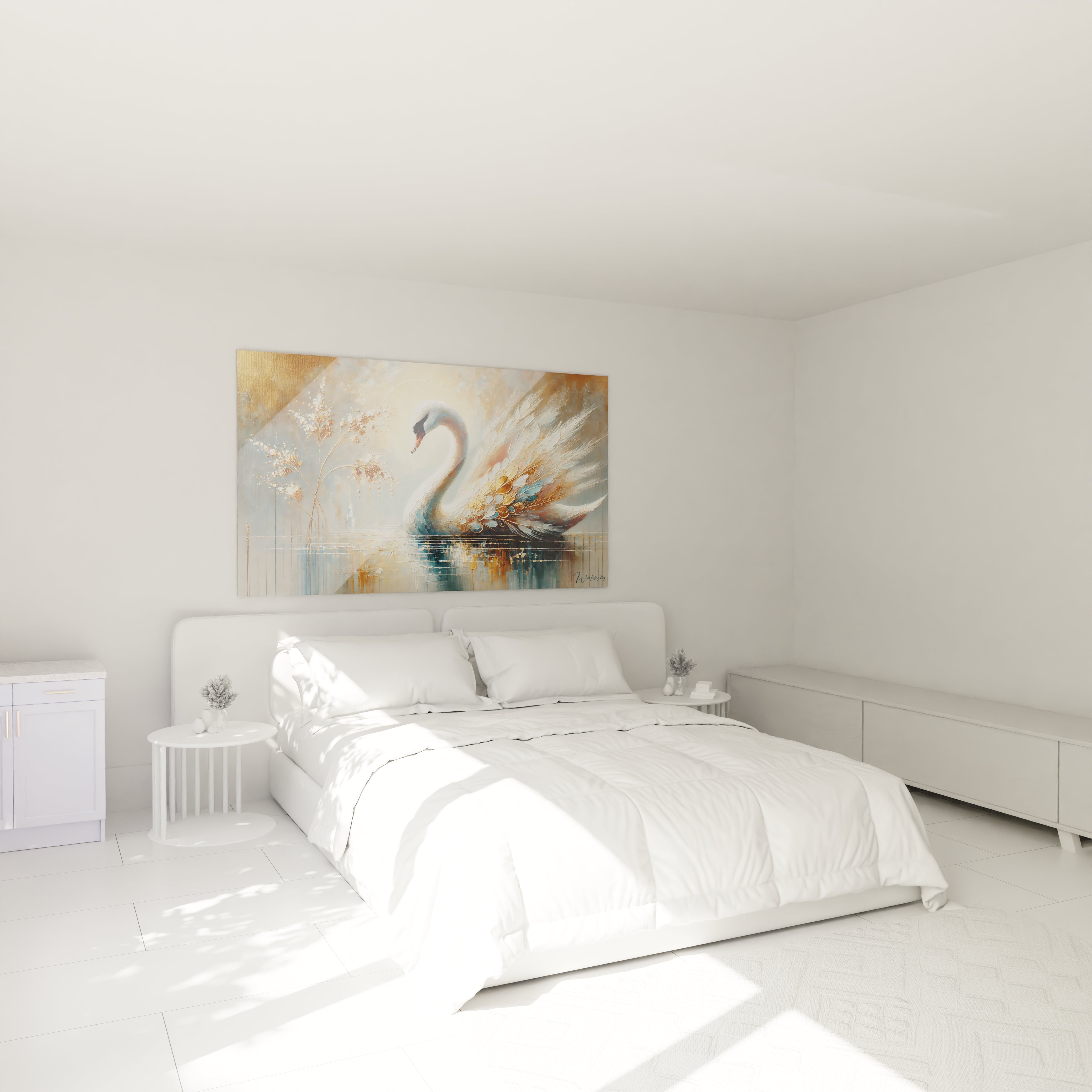 tableau cygne dans une chambre au dessus du lit ajoutant grâce et sophistication avec ses nuances dorées et bleues apaisantes

