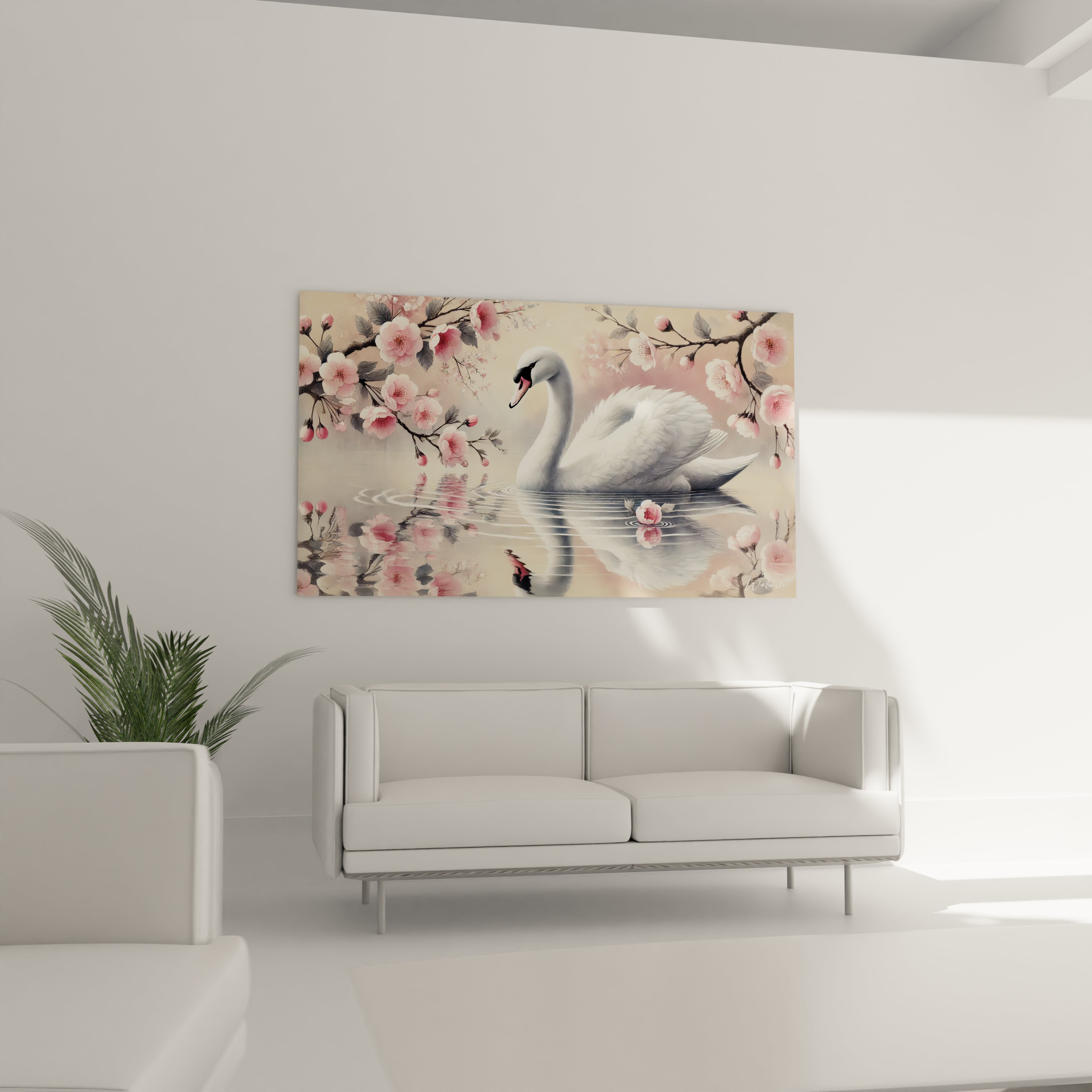 tableau cygne accroche au mur du salon : une touche d elegance et de serenite pour sublimer votre espace Avec des tons pastel il apporte une ambiance romantique et apaisante

