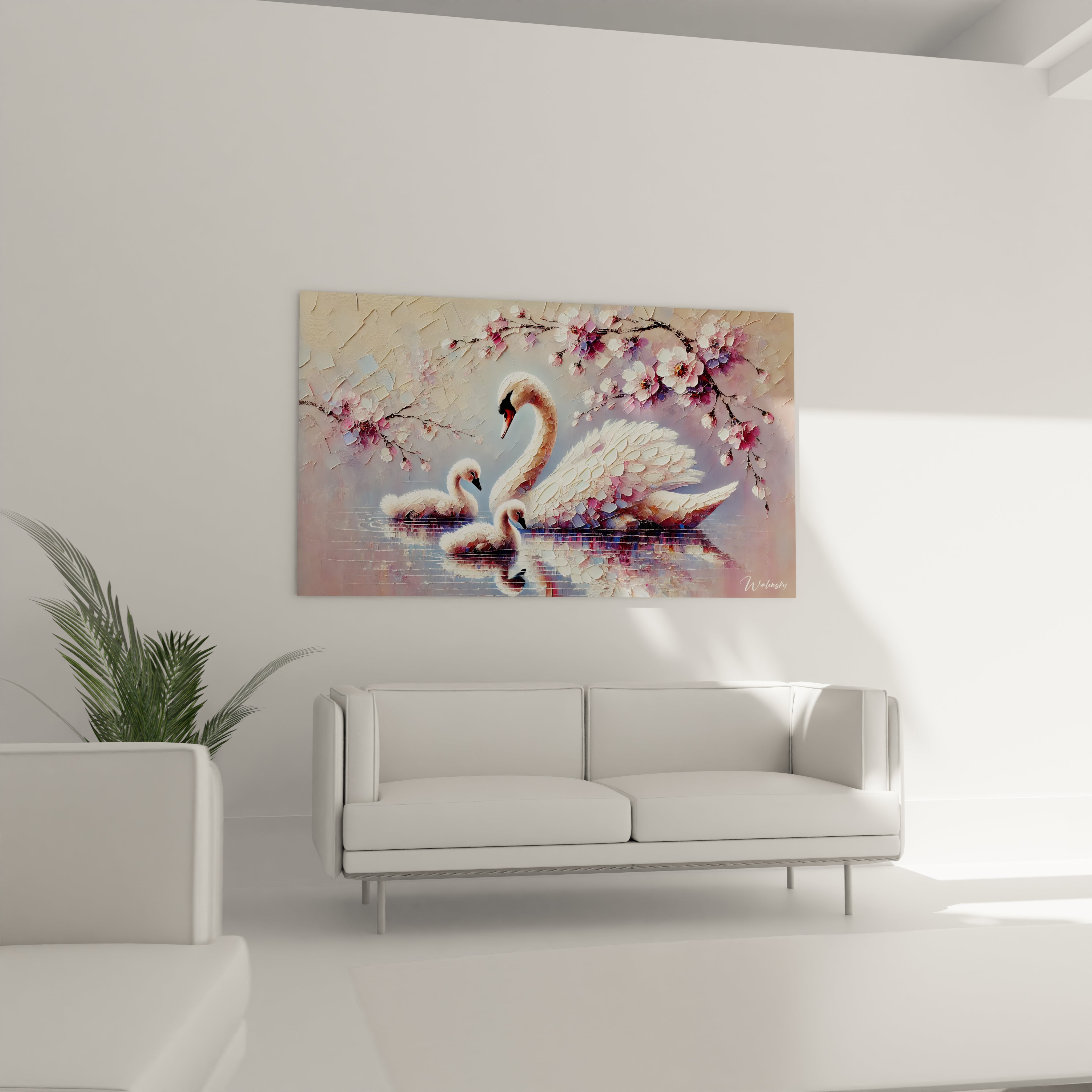 Au-dessus du canapé, ce tableau cygne offre une vision apaisante et poétique au salon. Sa composition délicate et ses couleurs douces enrichissent l'atmosphère d'un style naturel et élégant.

