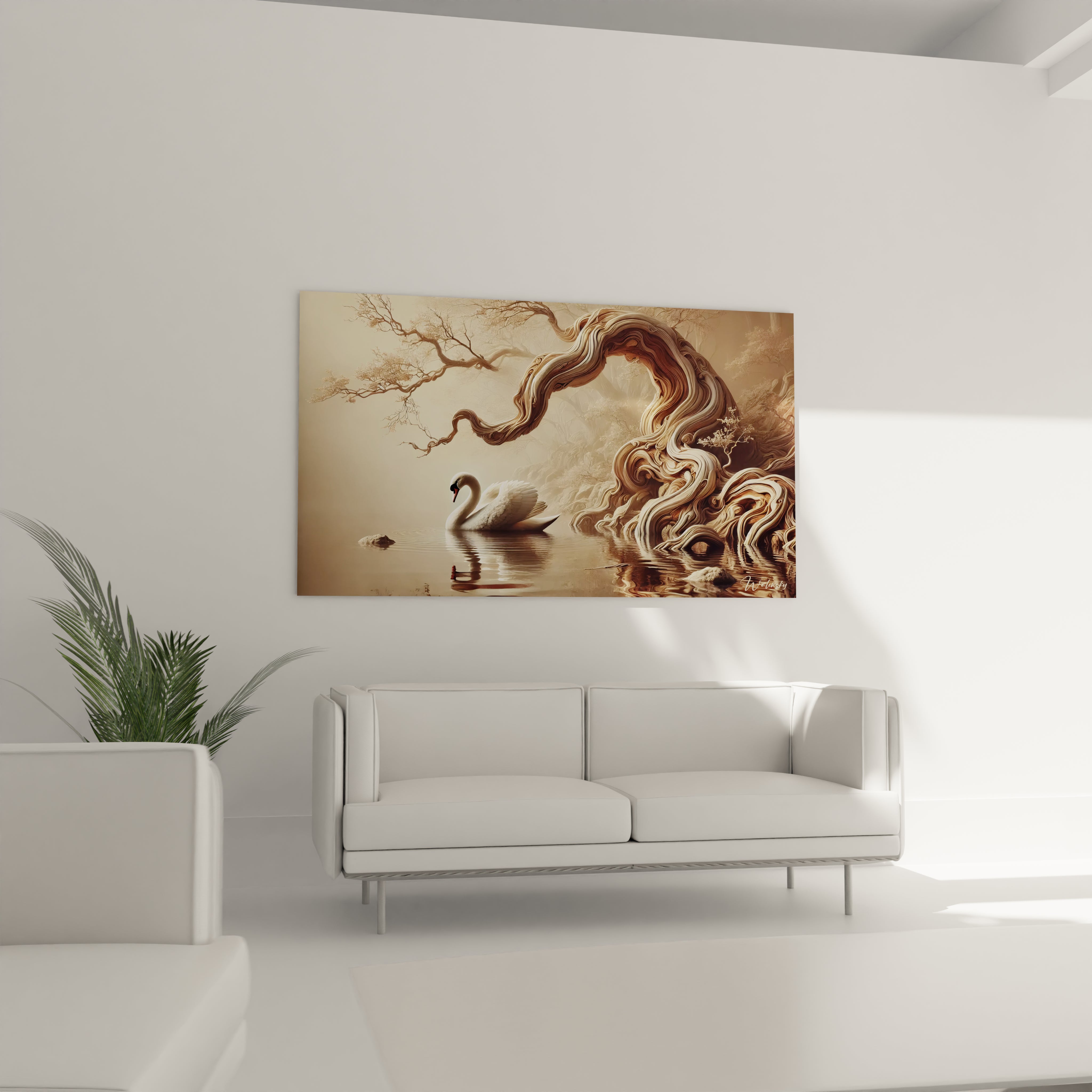 Tableau cygne elegant dans un salon place au dessus du canape Offrez a votre espace un souffle de serenite grace a cette representation pleine de grace et d harmonie naturelle

