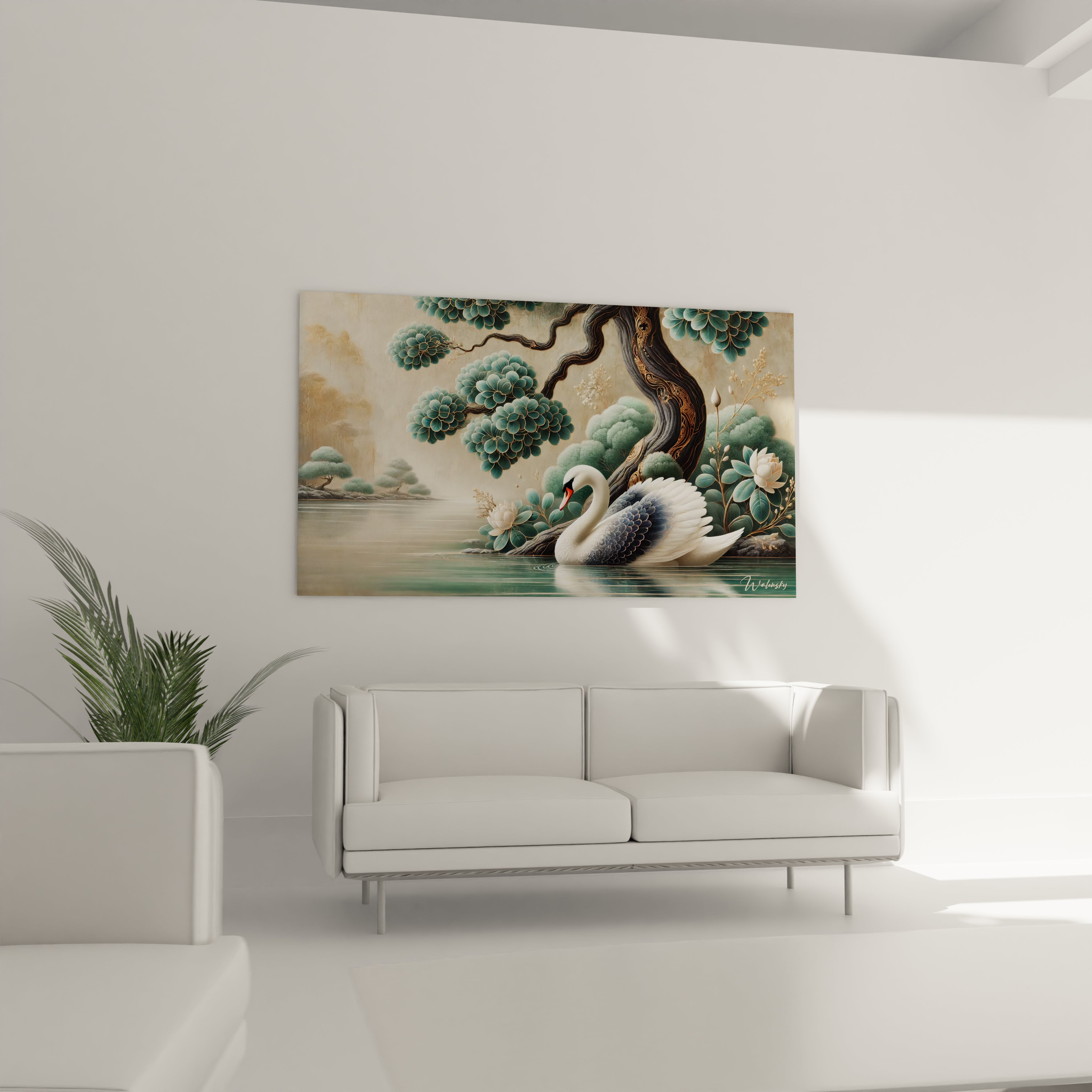 ce tableau cameleon dans un salon au dessus d un canape emane une atmosphere apaisante avec ses couleurs naturelles ideales pour creer un espace de repos et de contemplation

