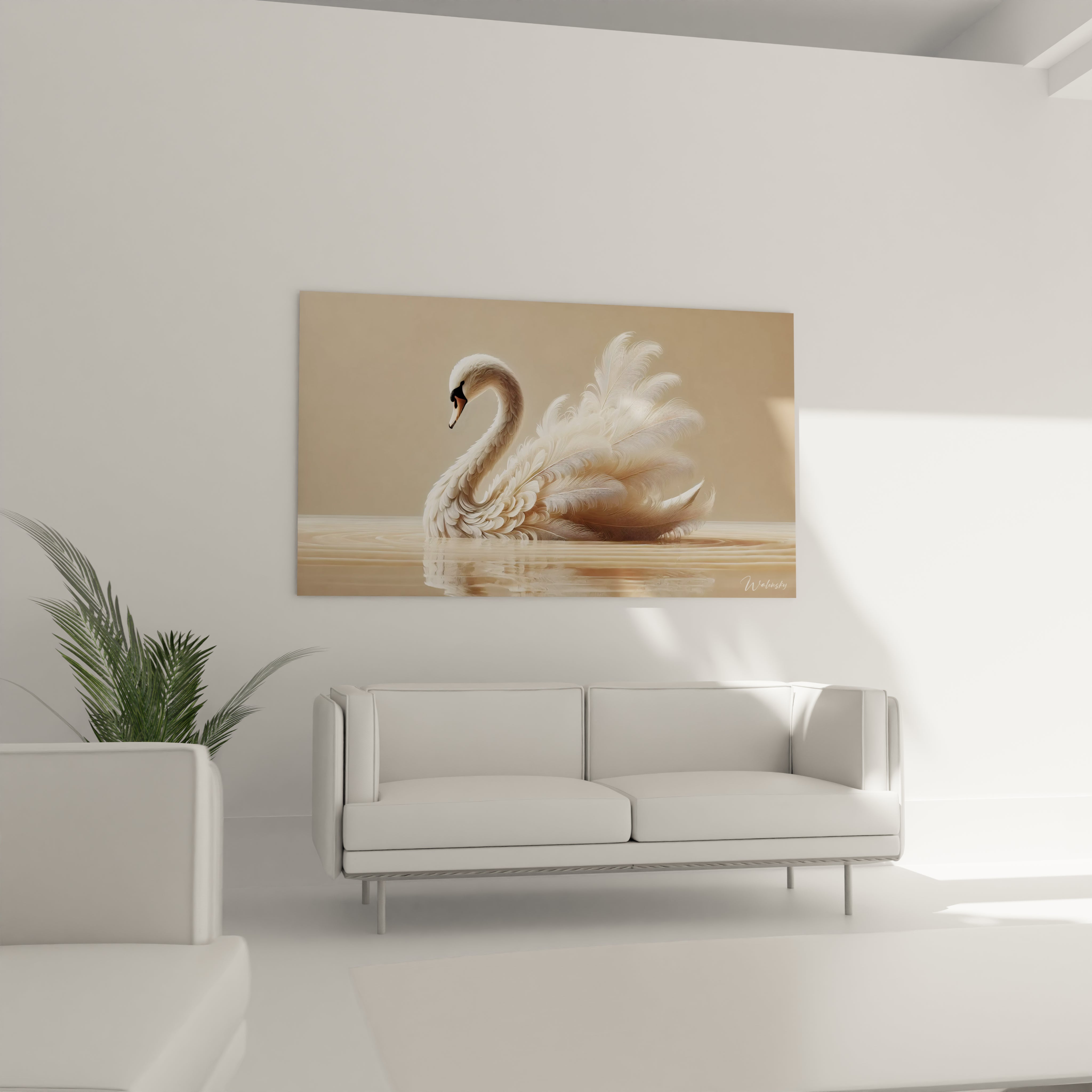 tableau cameleon au dessus du canape dans le salon evoque calme et sophistication ses teintes neutres et son style epure se fondent avec elegance dans votre espace de vie

