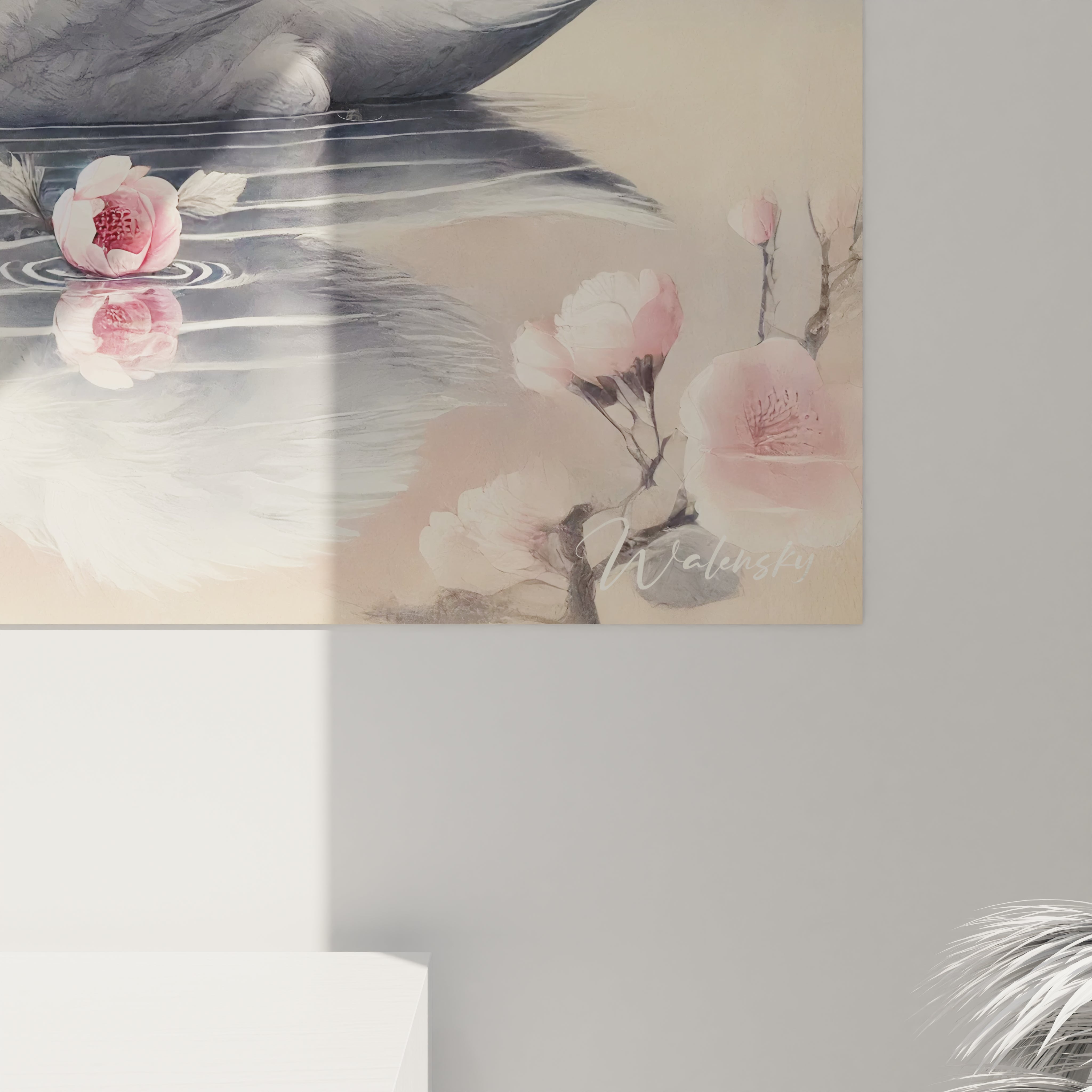 tableau cygne de pres : detail captivant des plumes blanches et des fleurs de cerisier ideal pour un interieur raffine et inspire






